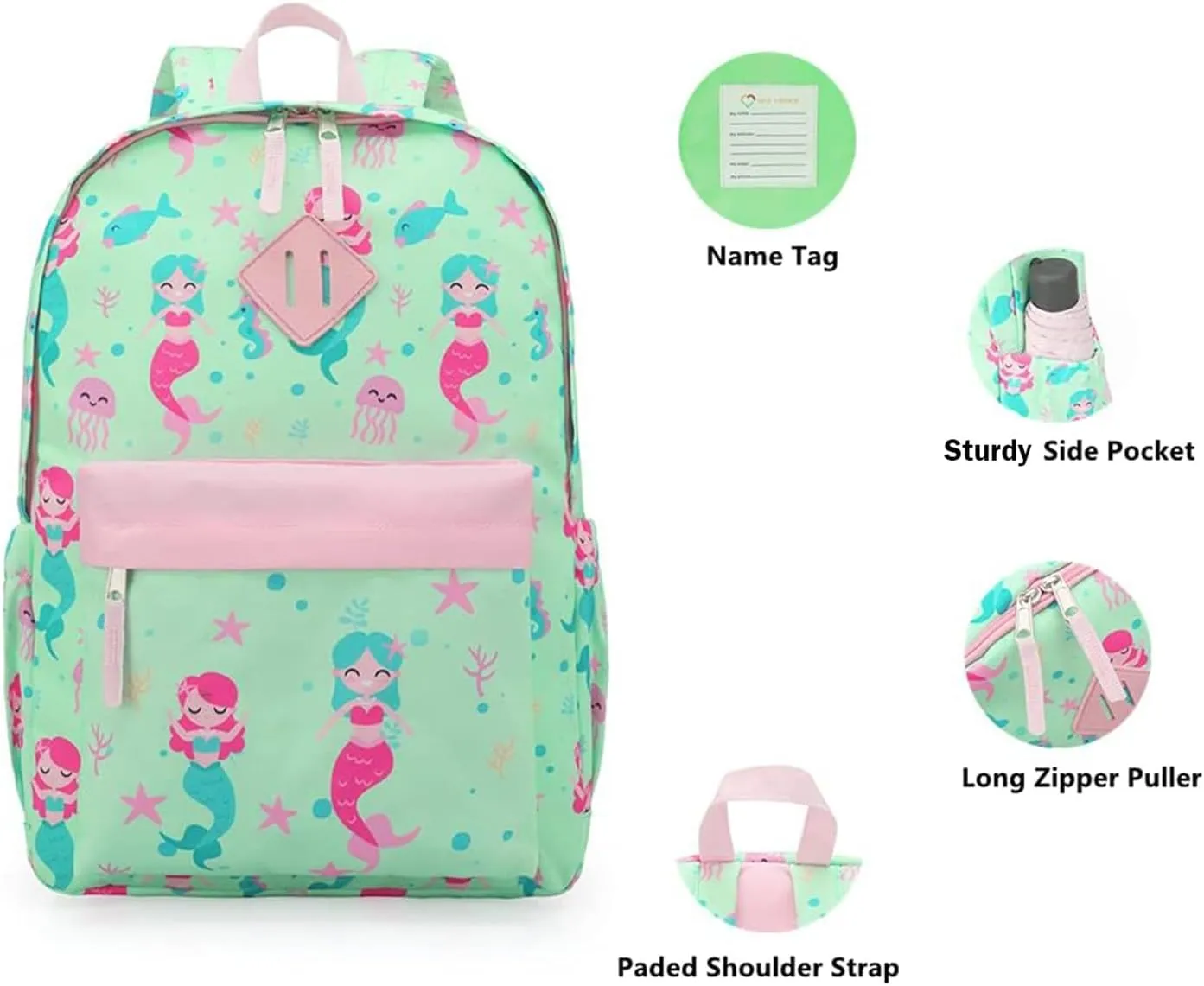 KK CRAFTS Preschool Backpack Kindergarten Little Kids Toddler Elementary School Backpacks for Boys and Girls with Chest Strap(Green Mermaid)