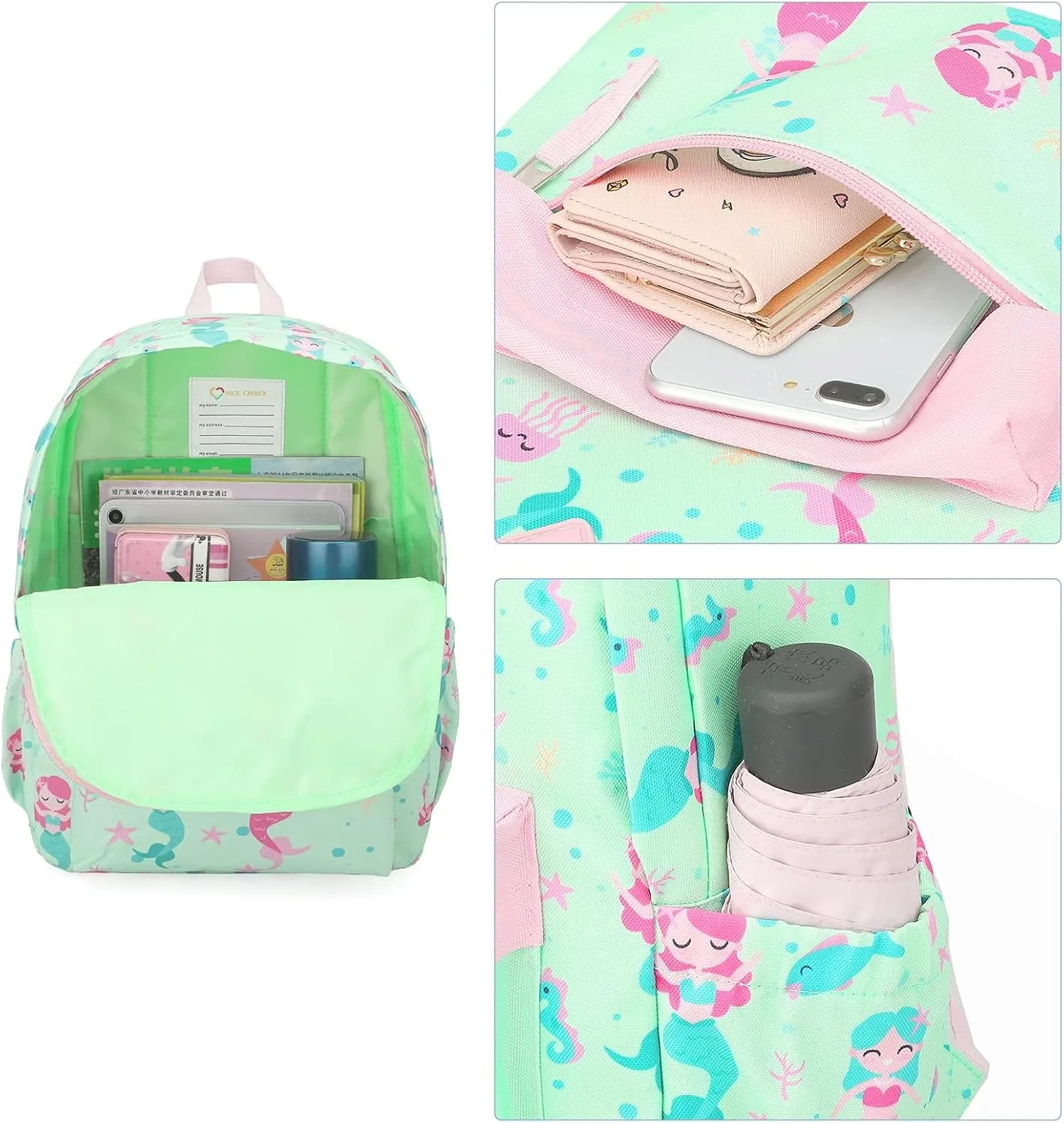 KK CRAFTS Preschool Backpack Kindergarten Little Kids Toddler Elementary School Backpacks for Boys and Girls with Chest Strap(Green Mermaid)