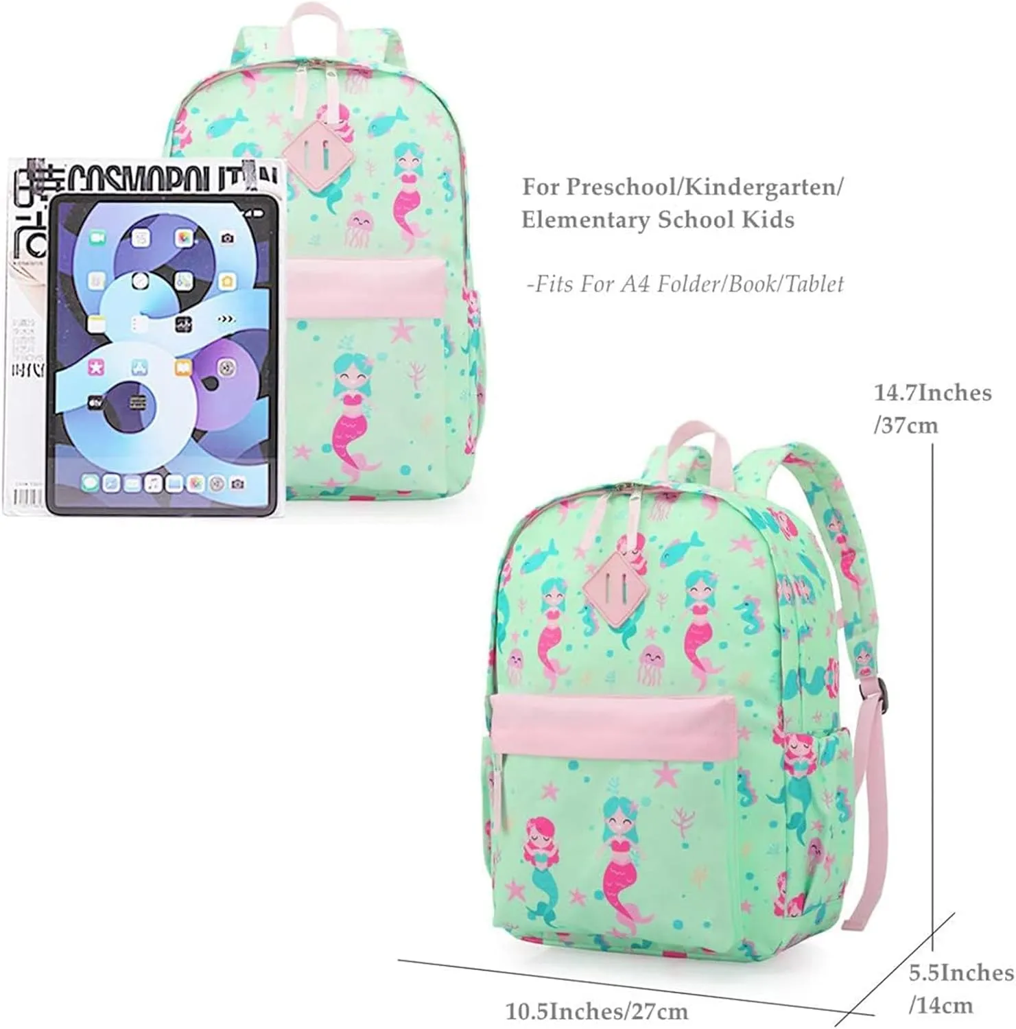 KK CRAFTS Preschool Backpack Kindergarten Little Kids Toddler Elementary School Backpacks for Boys and Girls with Chest Strap(Green Mermaid)