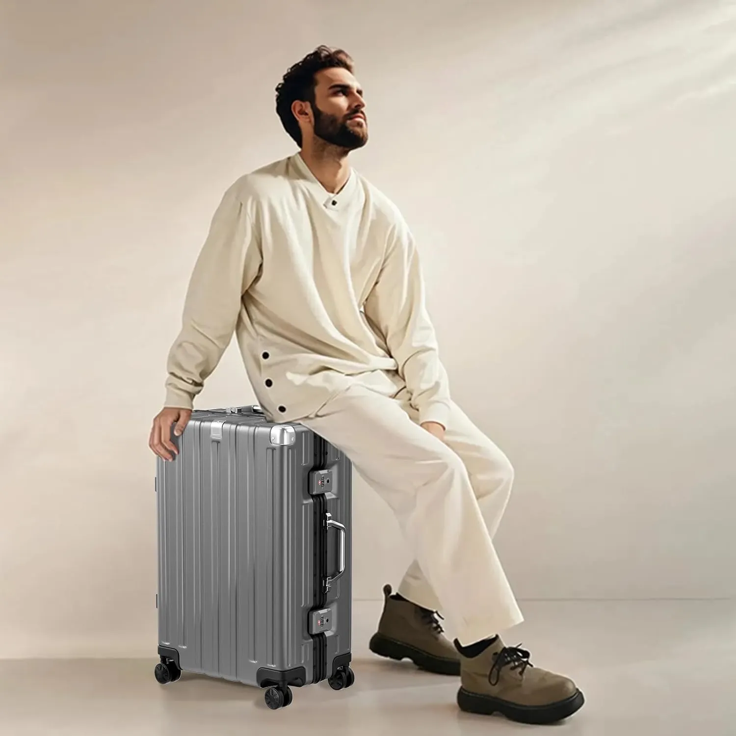 Krute Luggage 28 Inch Aluminum Frame No Zipper Large Luggages Noble Metal Hardshell Lightweight Luggage PC ABS TSA Suitcase with Spinner Wheels Gray