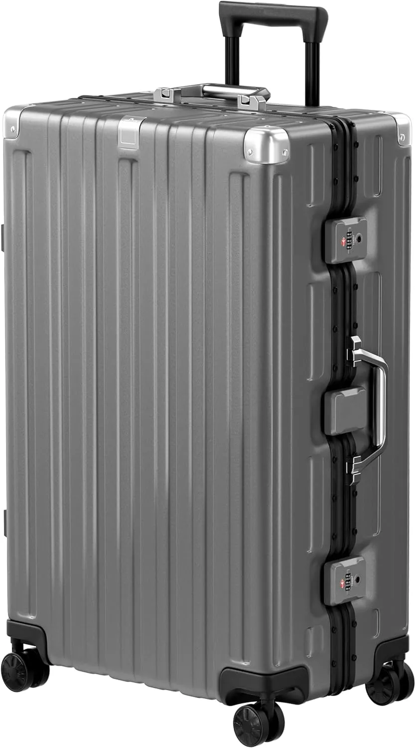 Krute Luggage 28 Inch Aluminum Frame No Zipper Large Luggages Noble Metal Hardshell Lightweight Luggage PC ABS TSA Suitcase with Spinner Wheels Gray