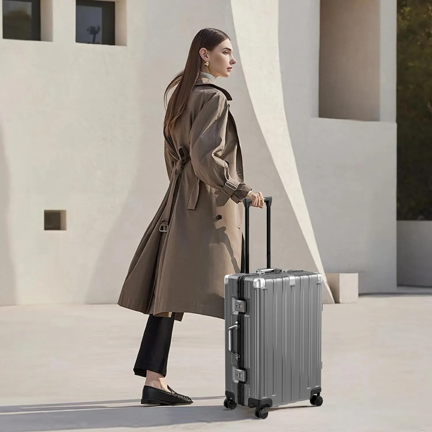 Krute Luggage 28 Inch Aluminum Frame No Zipper Large Luggages Noble Metal Hardshell Lightweight Luggage PC ABS TSA Suitcase with Spinner Wheels Gray