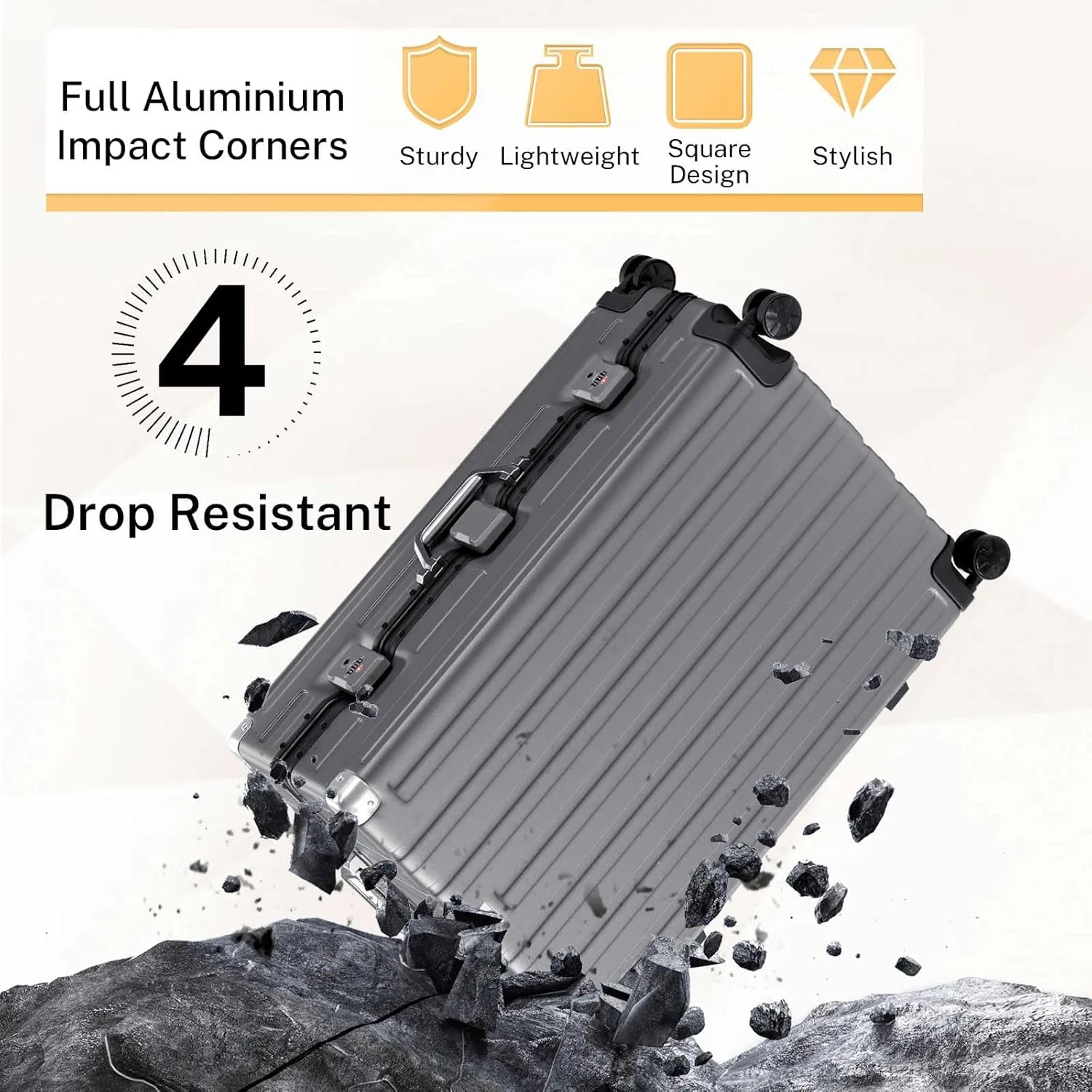 Krute Luggage 28 Inch Aluminum Frame No Zipper Large Luggages Noble Metal Hardshell Lightweight Luggage PC ABS TSA Suitcase with Spinner Wheels Gray