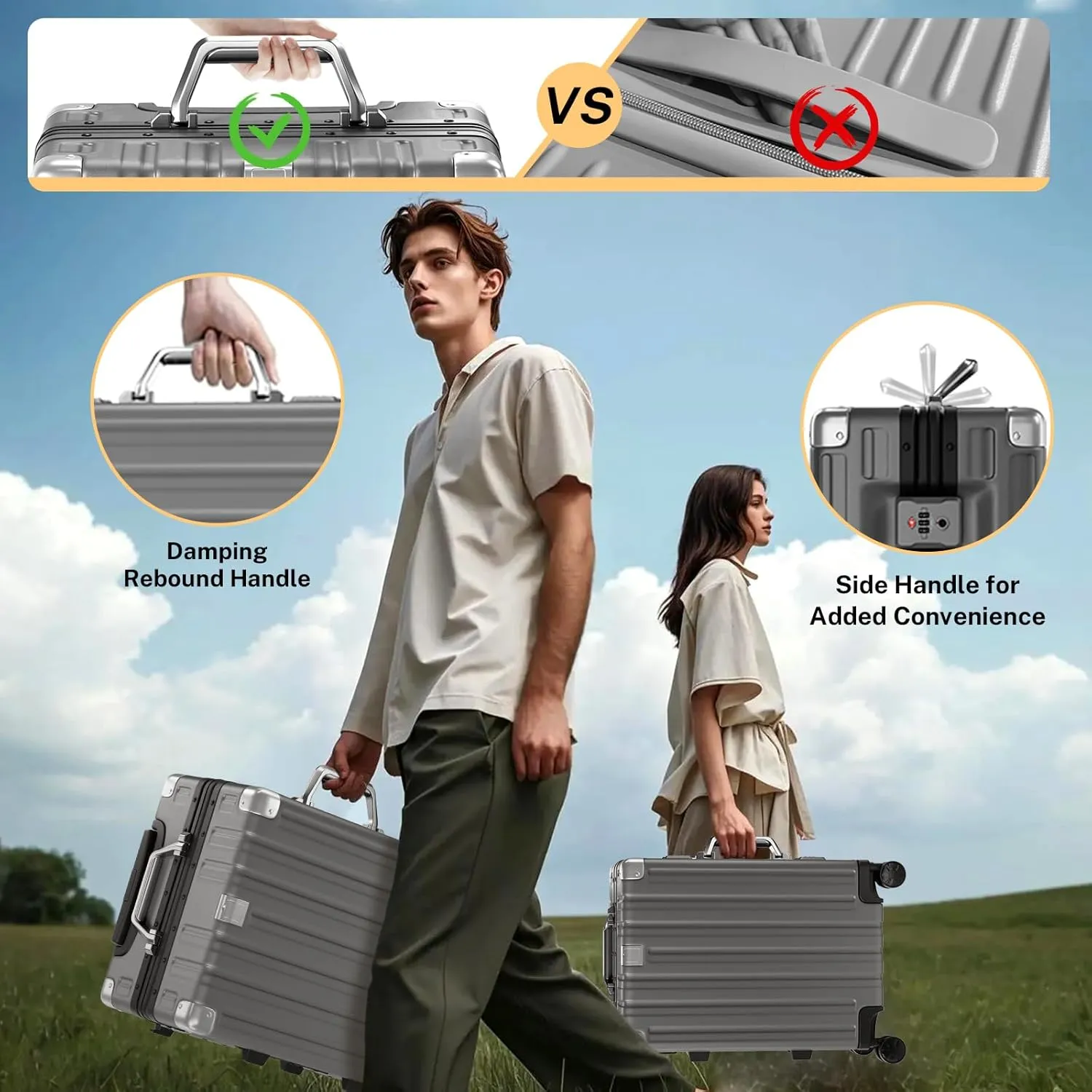 Krute Luggage 28 Inch Aluminum Frame No Zipper Large Luggages Noble Metal Hardshell Lightweight Luggage PC ABS TSA Suitcase with Spinner Wheels Gray