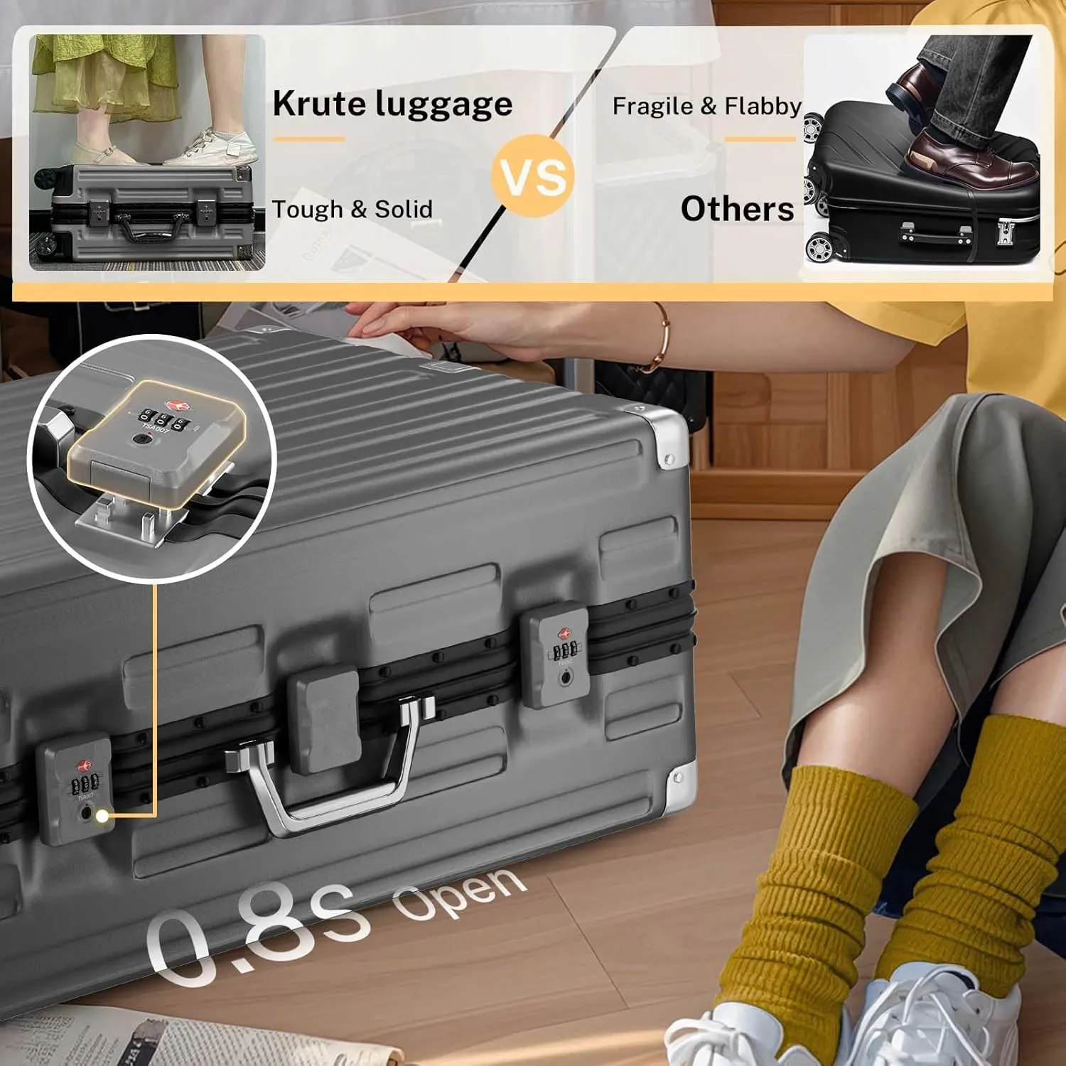 Krute Luggage 28 Inch Aluminum Frame No Zipper Large Luggages Noble Metal Hardshell Lightweight Luggage PC ABS TSA Suitcase with Spinner Wheels Gray