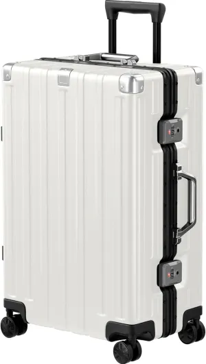 Krute Luggage Aluminum Frame Zipperless Metal Checked Luggage Noble PC ABS Lightweight Hardshell Suitcase with TSA Lock Spinner Wheels 24 Inch White