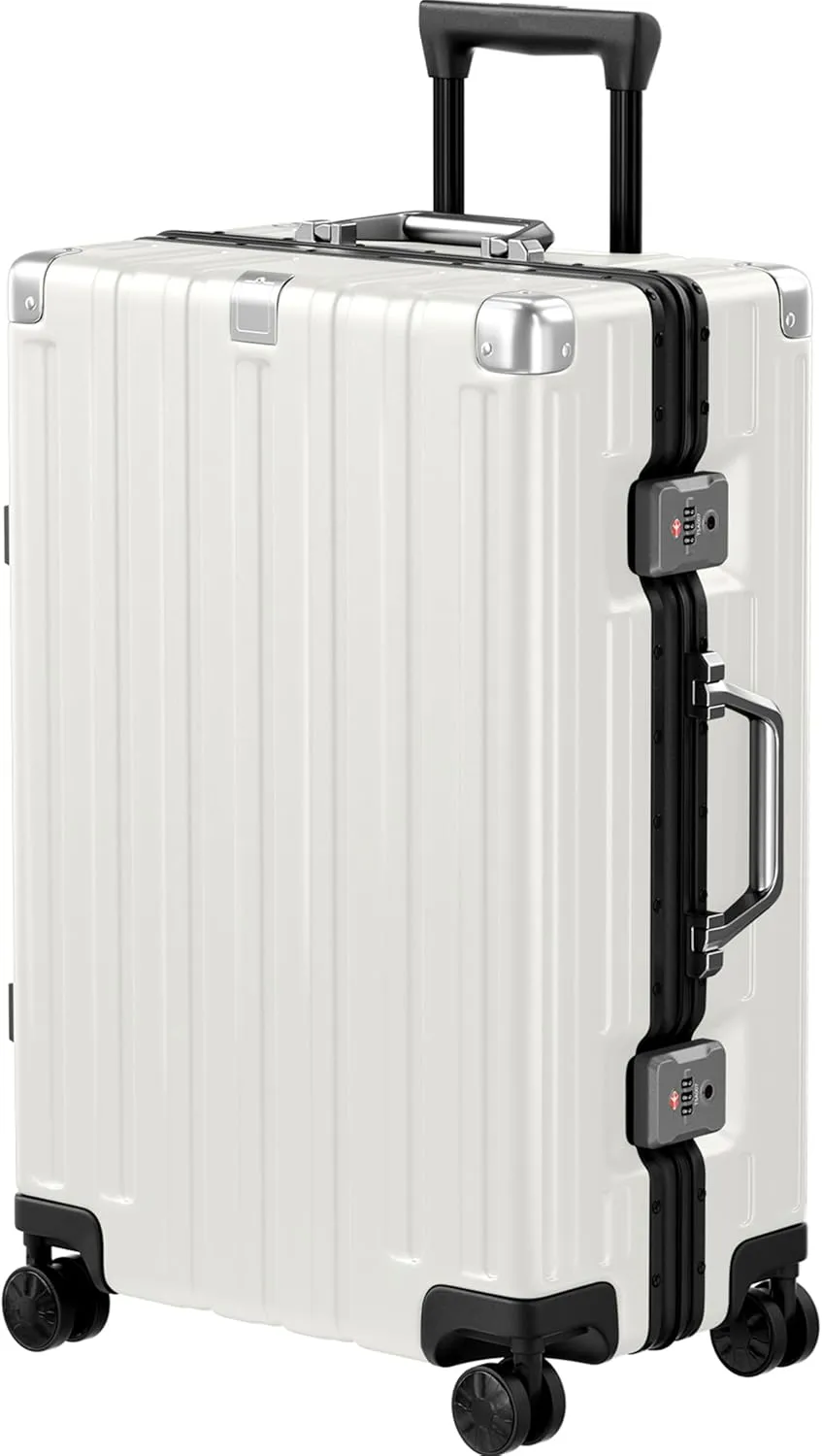 Krute Luggage Aluminum Frame Zipperless Metal Checked Luggage Noble PC ABS Lightweight Hardshell Suitcase with TSA Lock Spinner Wheels 24 Inch White