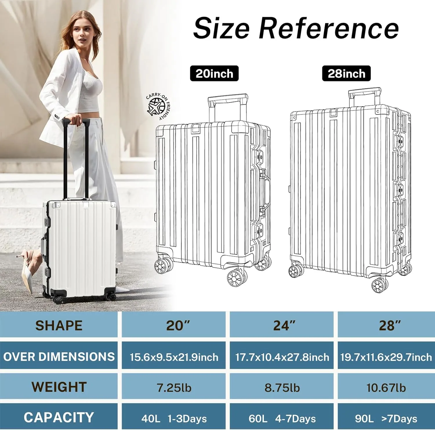 Krute Luggage Aluminum Frame Zipperless Metal Checked Luggage Noble PC ABS Lightweight Hardshell Suitcase with TSA Lock Spinner Wheels 24 Inch White
