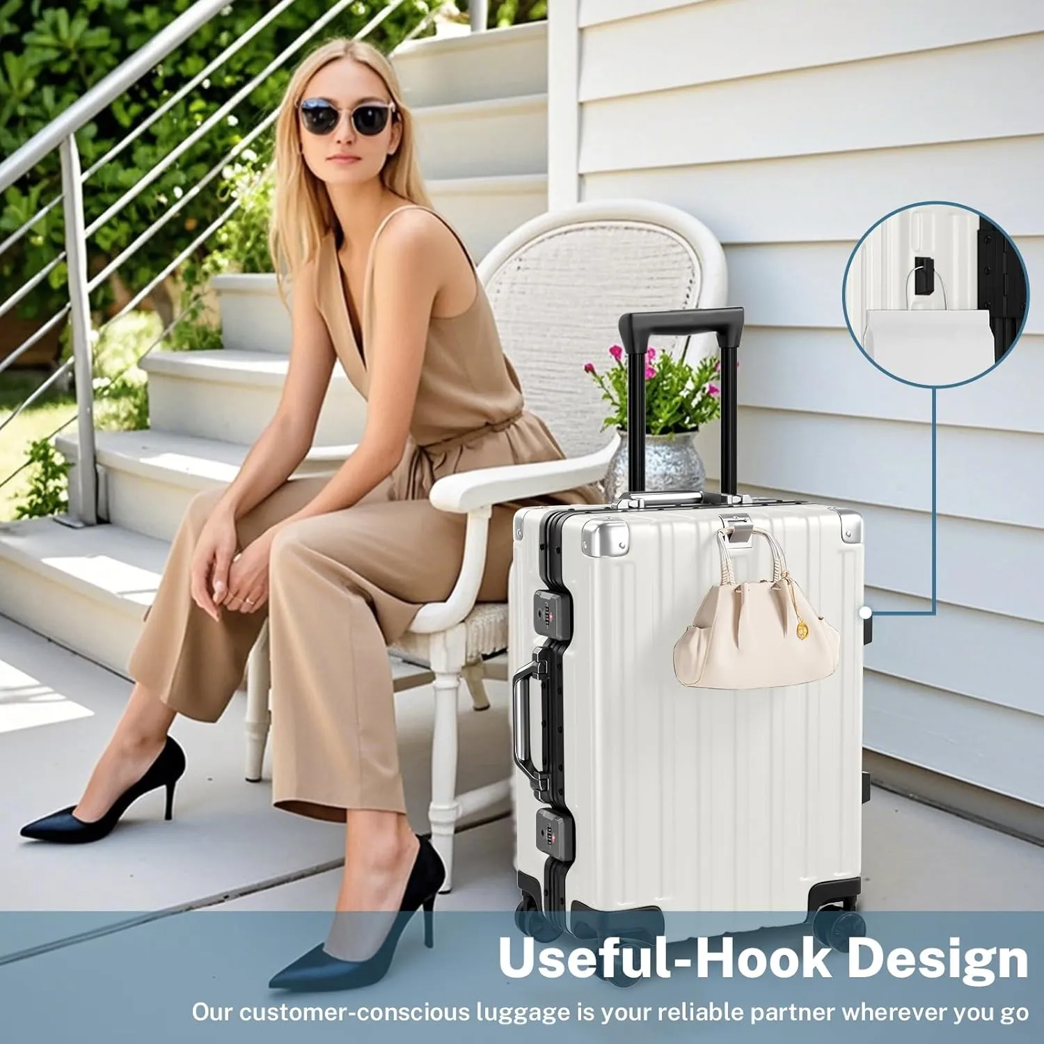 Krute Luggage Aluminum Frame Zipperless Metal Checked Luggage Noble PC ABS Lightweight Hardshell Suitcase with TSA Lock Spinner Wheels 24 Inch White