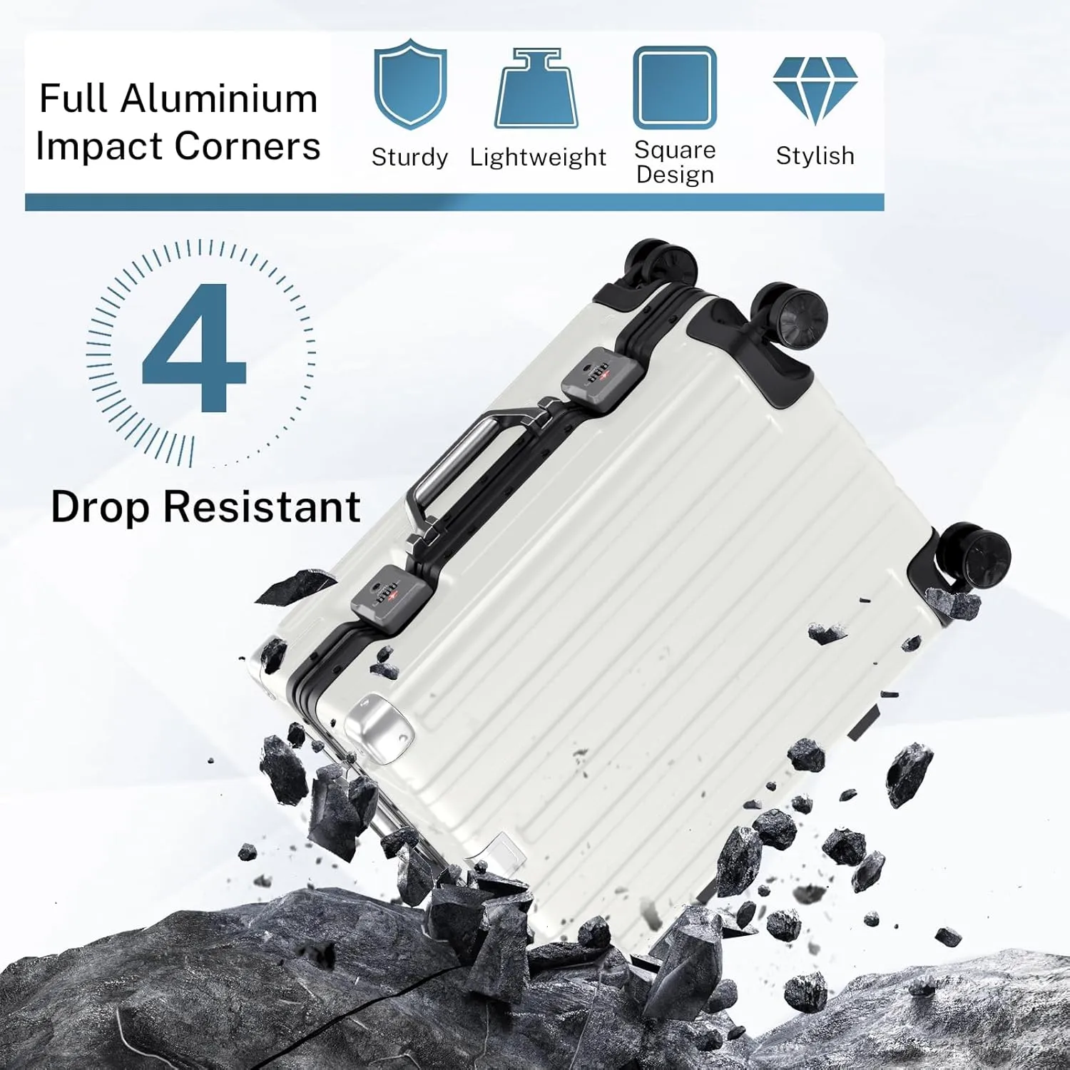 Krute Luggage Aluminum Frame Zipperless Metal Checked Luggage Noble PC ABS Lightweight Hardshell Suitcase with TSA Lock Spinner Wheels 24 Inch White