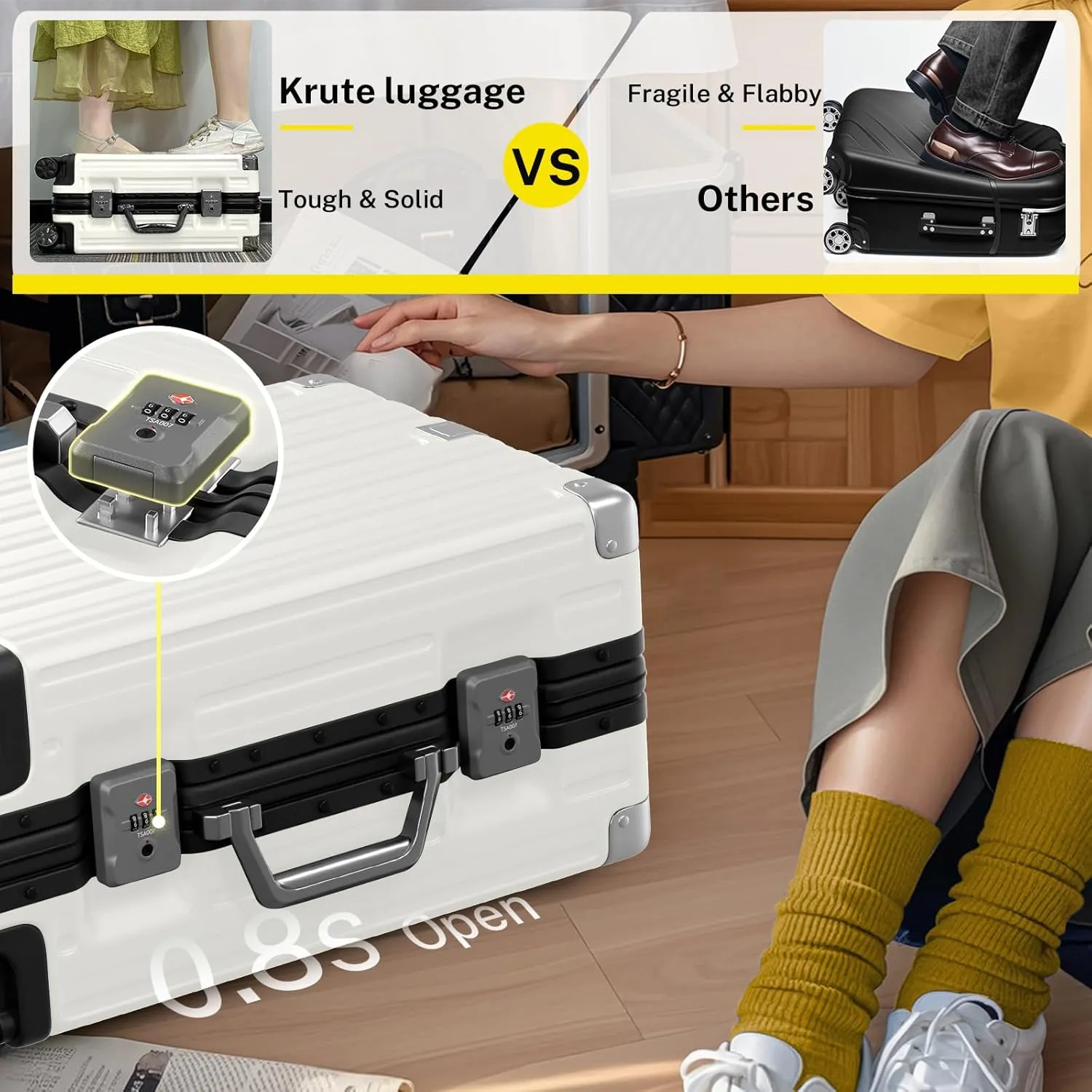 Krute Luggage Aluminum Frame Zipperless Metal Checked Luggage Noble PC ABS Lightweight Hardshell Suitcase with TSA Lock Spinner Wheels 24 Inch White