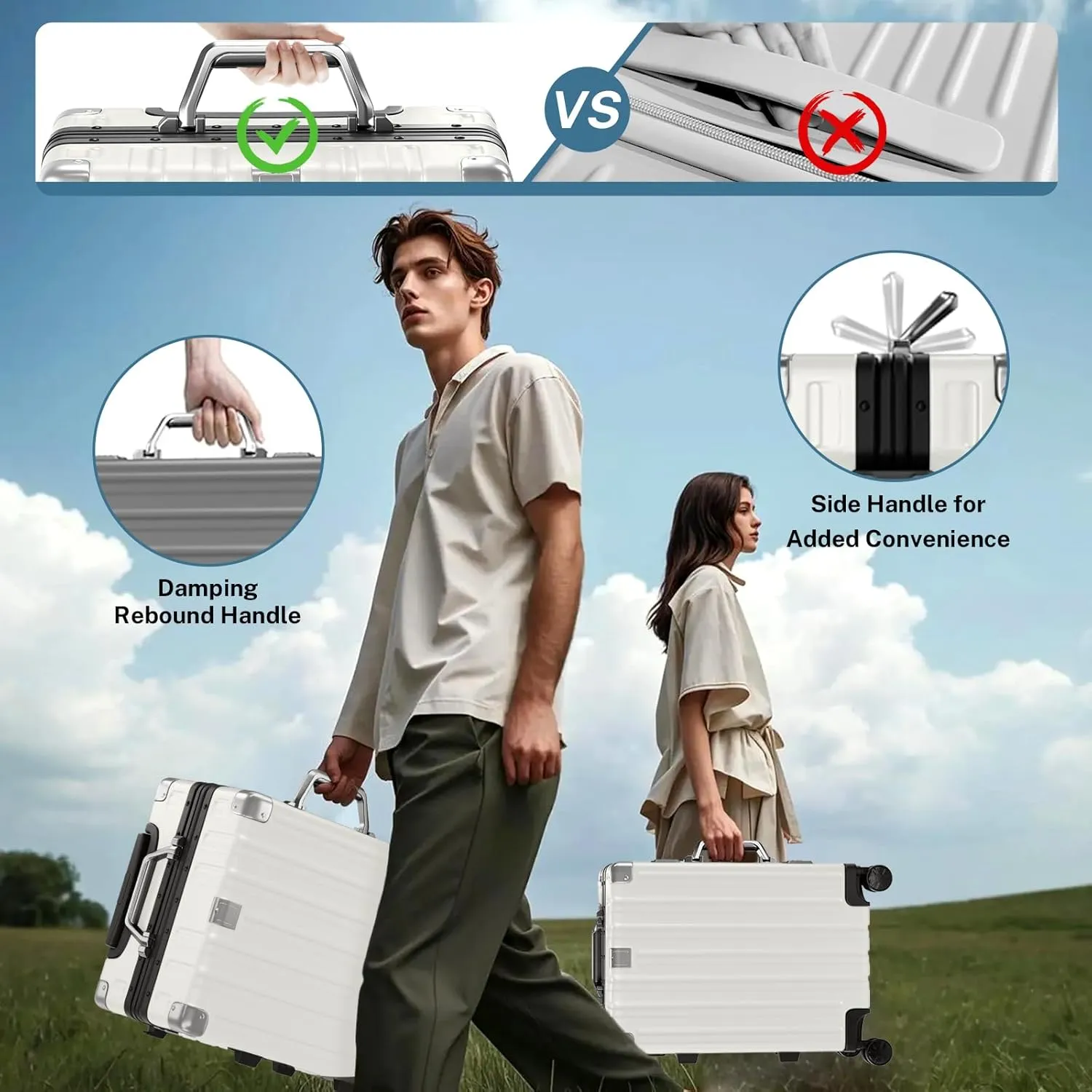 Krute Luggage Aluminum Frame Zipperless Metal Checked Luggage Noble PC ABS Lightweight Hardshell Suitcase with TSA Lock Spinner Wheels 24 Inch White