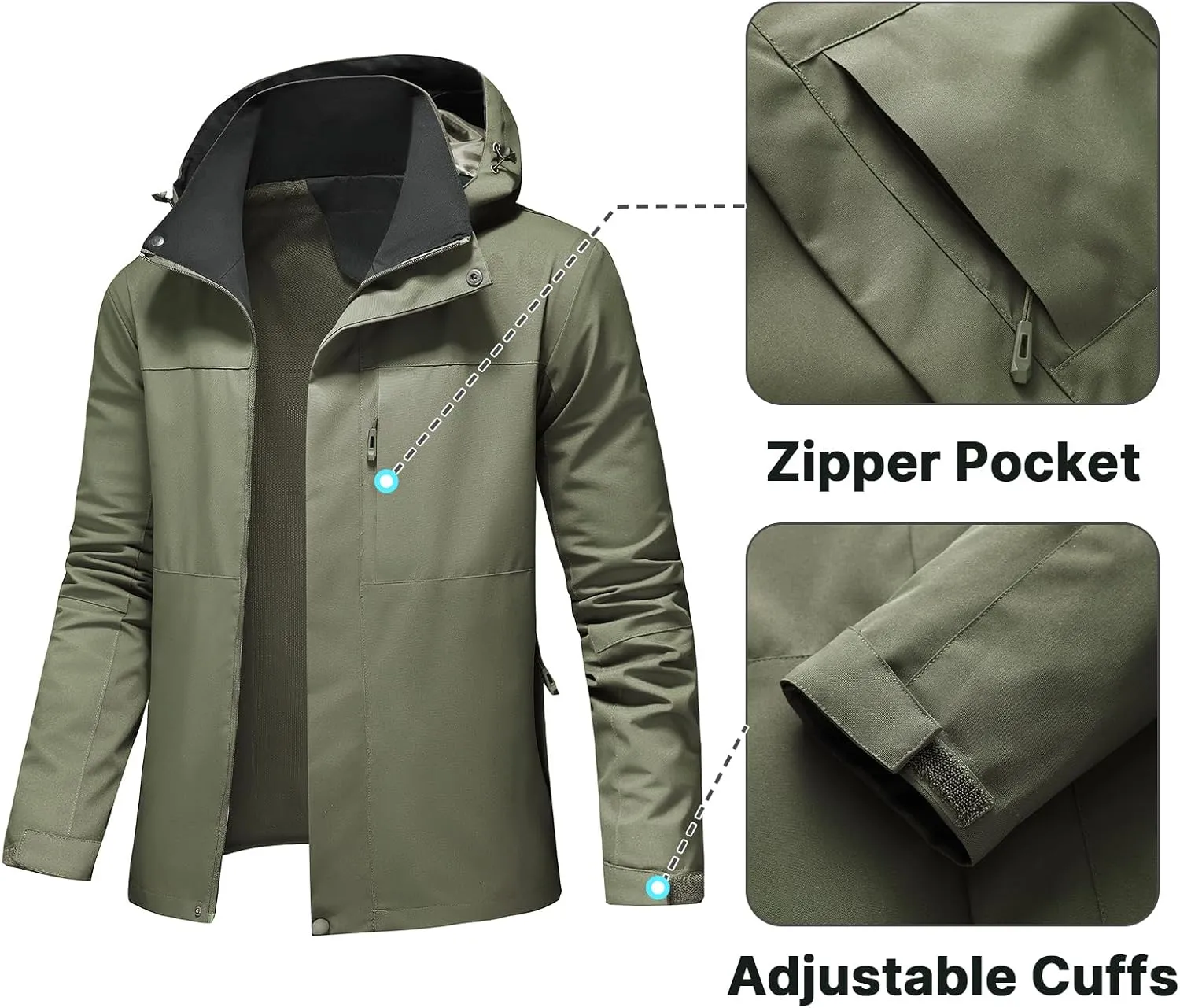 Lamgool Waterproof Jackets for Men Lightweight Rain Jacket Hooded Raincoat Zip Windbreaker for Running Hiking Travel