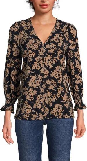 Lands' End Women's 3/4 Sleeve Lightweight Jersey Button Front Top
