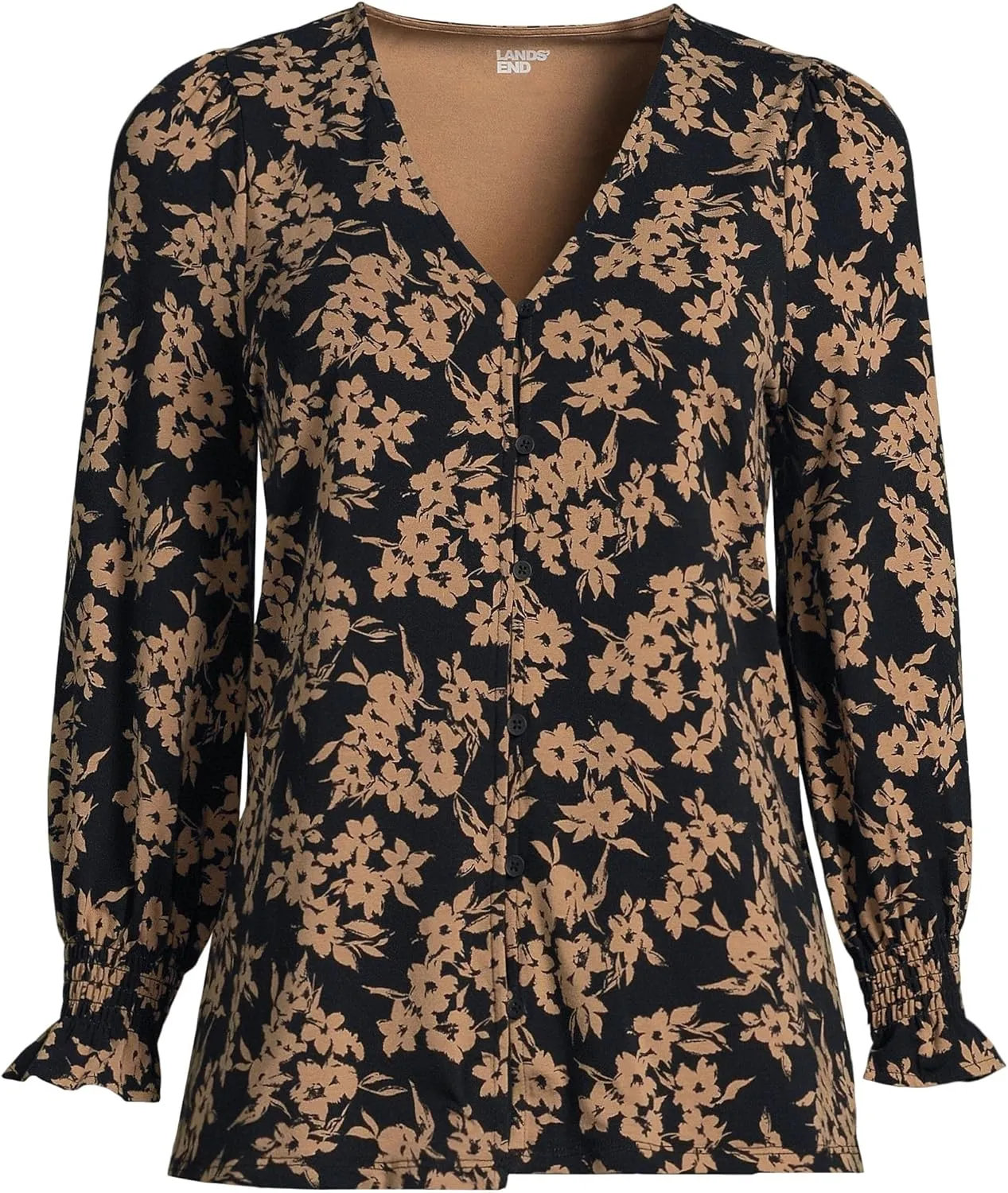 Lands' End Women's 3/4 Sleeve Lightweight Jersey Button Front Top