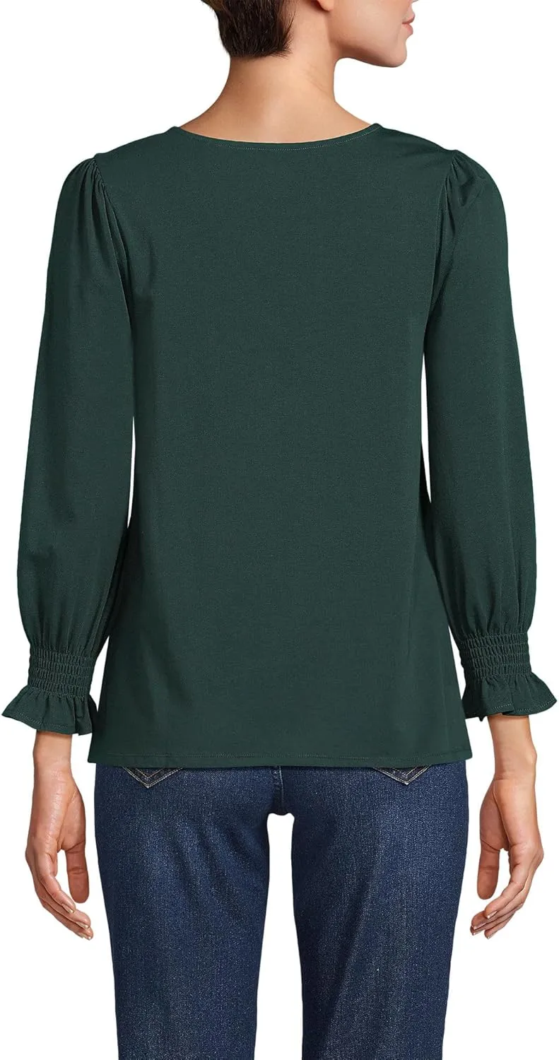 Lands' End Women's 3/4 Sleeve Lightweight Jersey Button Front Top