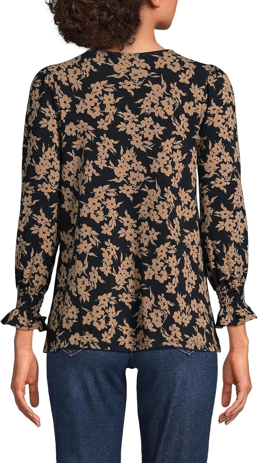 Lands' End Women's 3/4 Sleeve Lightweight Jersey Button Front Top