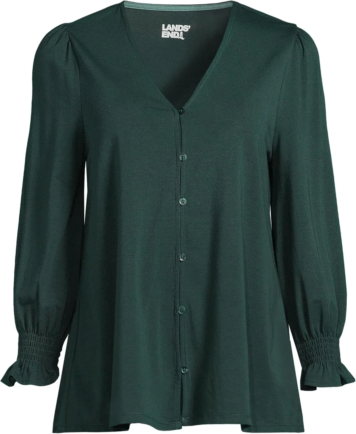 Lands' End Women's 3/4 Sleeve Lightweight Jersey Button Front Top