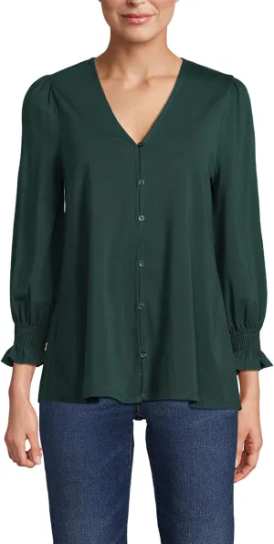 Lands' End Women's 3/4 Sleeve Lightweight Jersey Button Front Top