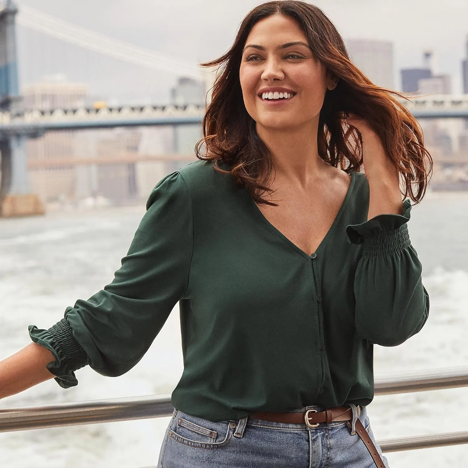 Lands' End Women's 3/4 Sleeve Lightweight Jersey Button Front Top