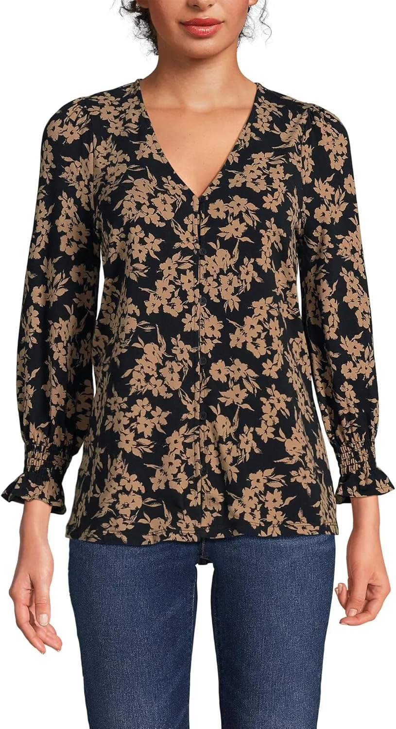 Lands' End Women's 3/4 Sleeve Lightweight Jersey Button Front Top