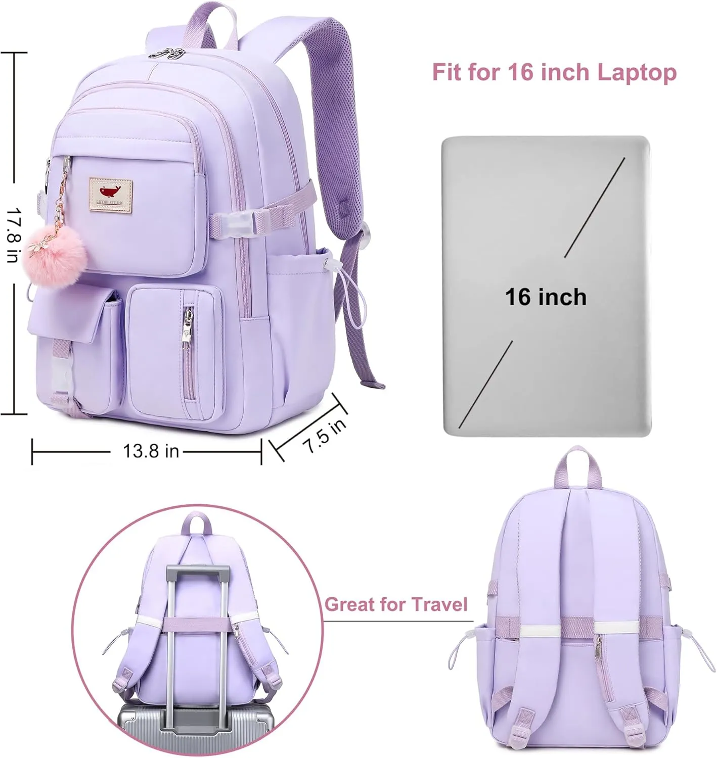 Laptop Backpack 15.6 Inch Kids Elementary Middle High School Bag College Backpacks Anti Theft Travel Back Pack Large Bookbags for Teens Girls Women Students (Purple)