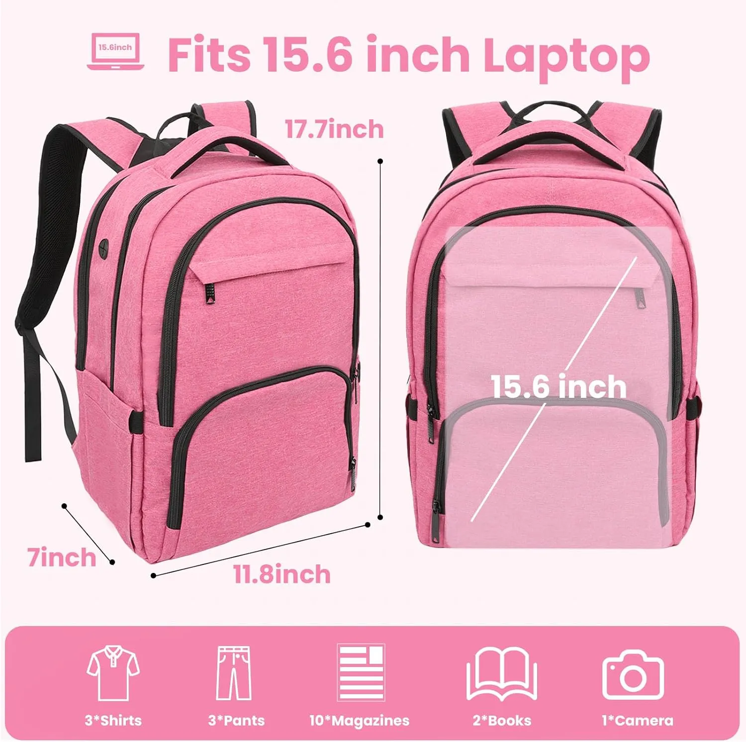 Laptop Backpack, Travel Backpacks for Men Women, Business Anti Theft Computer Backpack with USB Charging Port, Water Resistant School Backpack Work Back Pack Bookbag Fits 15.6 Inch Notebook, Pink
