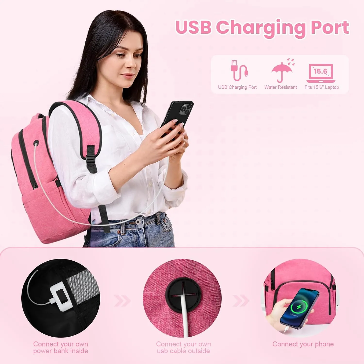 Laptop Backpack, Travel Backpacks for Men Women, Business Anti Theft Computer Backpack with USB Charging Port, Water Resistant School Backpack Work Back Pack Bookbag Fits 15.6 Inch Notebook, Pink