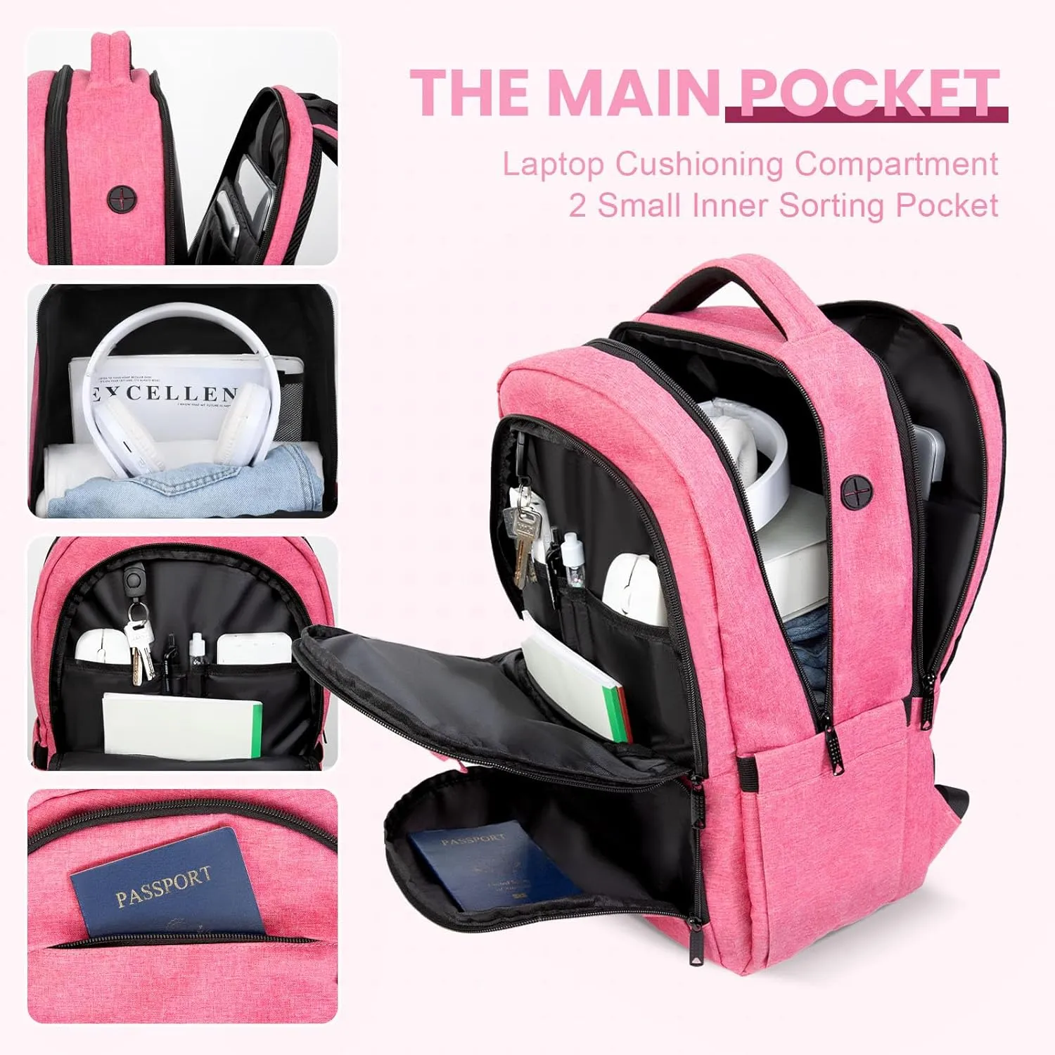 Laptop Backpack, Travel Backpacks for Men Women, Business Anti Theft Computer Backpack with USB Charging Port, Water Resistant School Backpack Work Back Pack Bookbag Fits 15.6 Inch Notebook, Pink