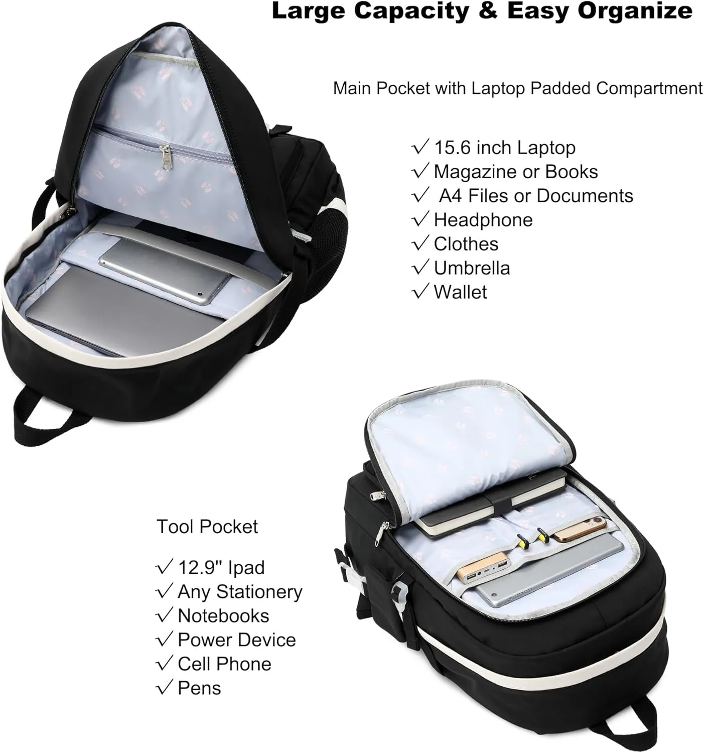 Laptop Backpacks 15.6 Inch College Backpack Elementary Middle High School Bag Large Cute Bookbags Anti Theft Travel Back Pack Casual Daypack Kids Book Bag for Teens Girls Women Students (Black)
