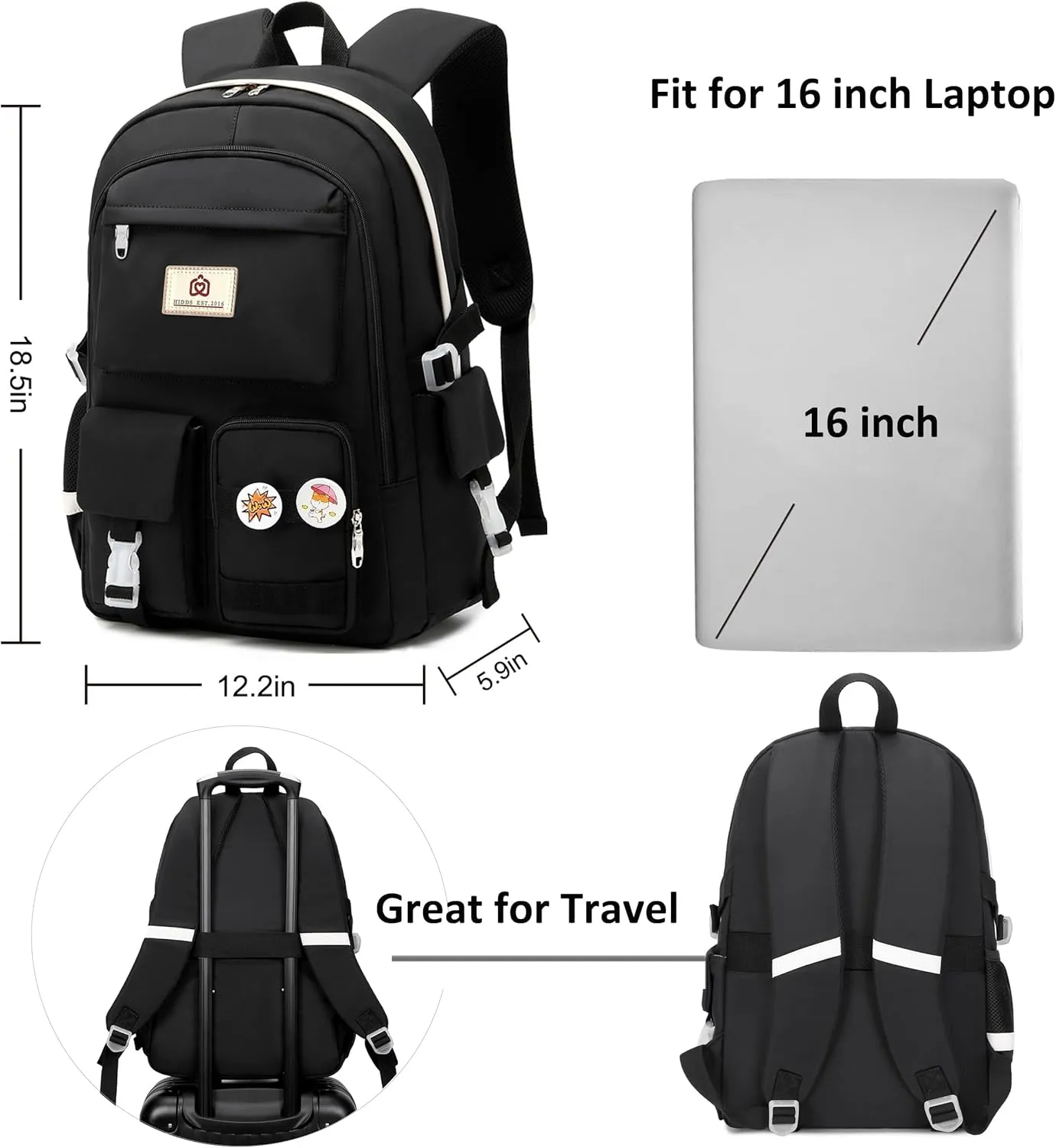 Laptop Backpacks 15.6 Inch College Backpack Elementary Middle High School Bag Large Cute Bookbags Anti Theft Travel Back Pack Casual Daypack Kids Book Bag for Teens Girls Women Students (Black)