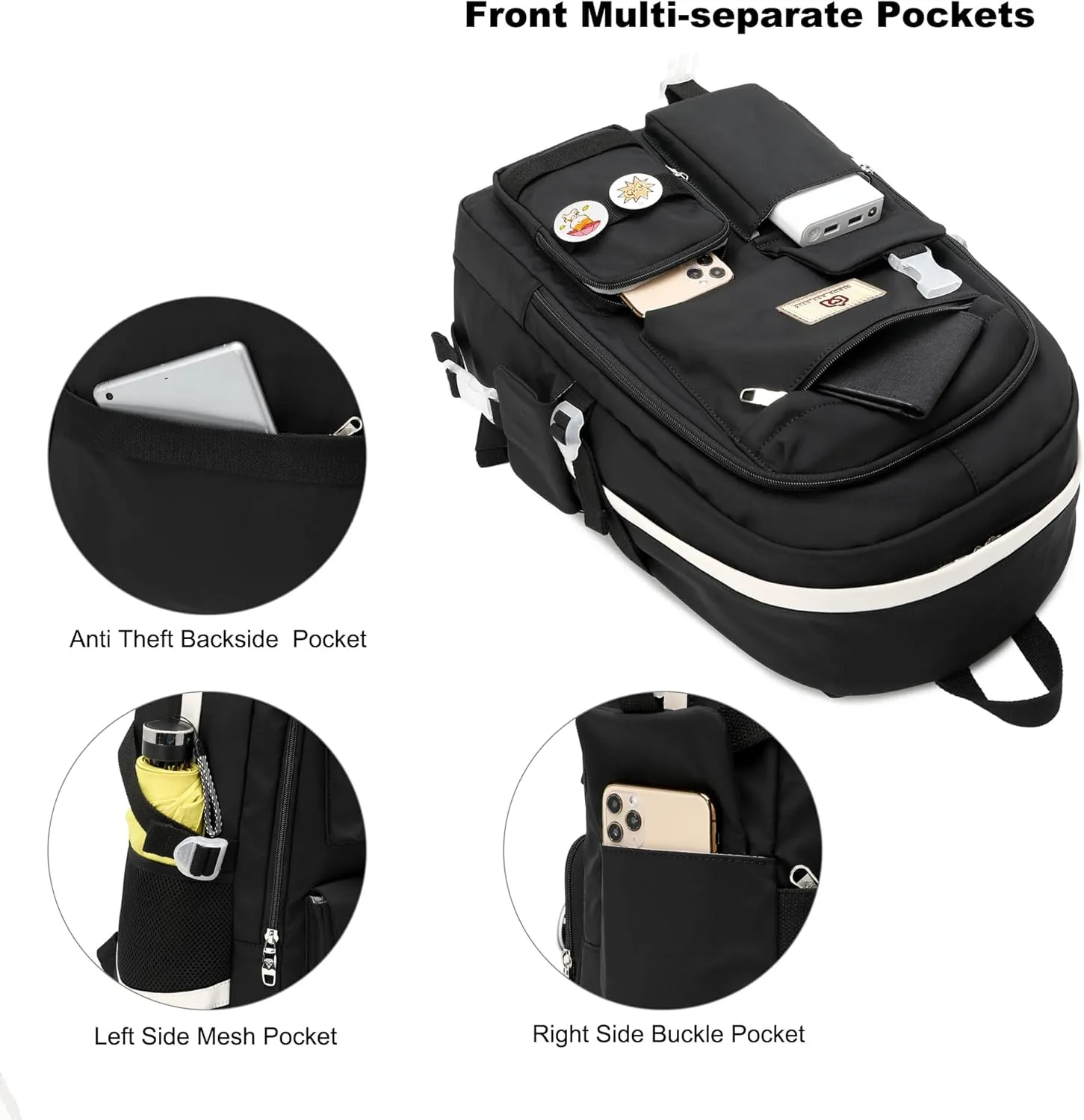 Laptop Backpacks 15.6 Inch College Backpack Elementary Middle High School Bag Large Cute Bookbags Anti Theft Travel Back Pack Casual Daypack Kids Book Bag for Teens Girls Women Students (Black)