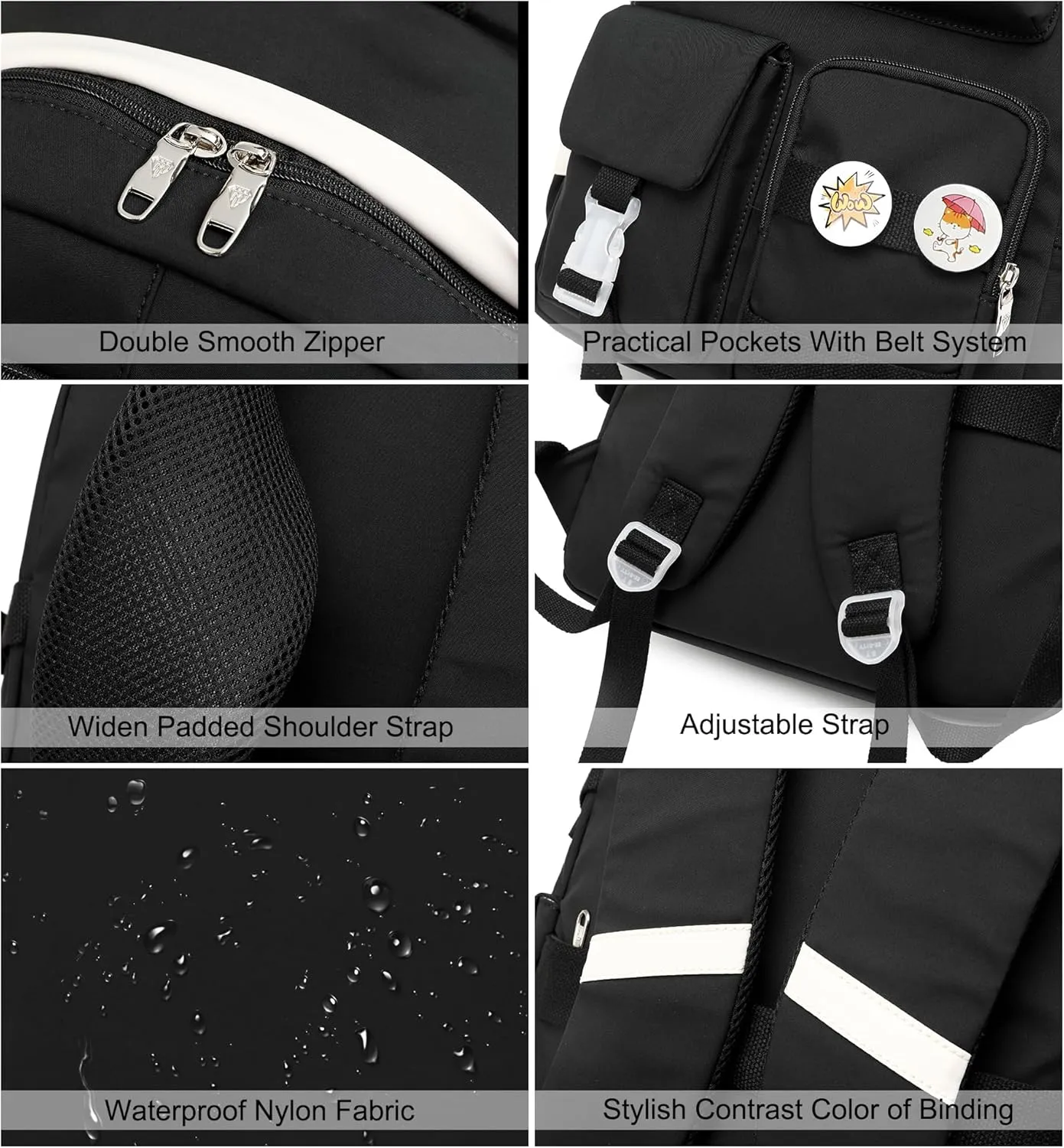 Laptop Backpacks 15.6 Inch College Backpack Elementary Middle High School Bag Large Cute Bookbags Anti Theft Travel Back Pack Casual Daypack Kids Book Bag for Teens Girls Women Students (Black)