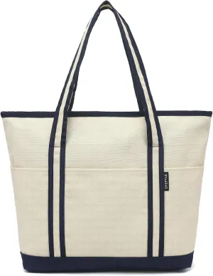 Large Canvas Tote Bag for Women, Utility Tote Bag with Zipper Closure, Everything Bag with 3 Front Pockets