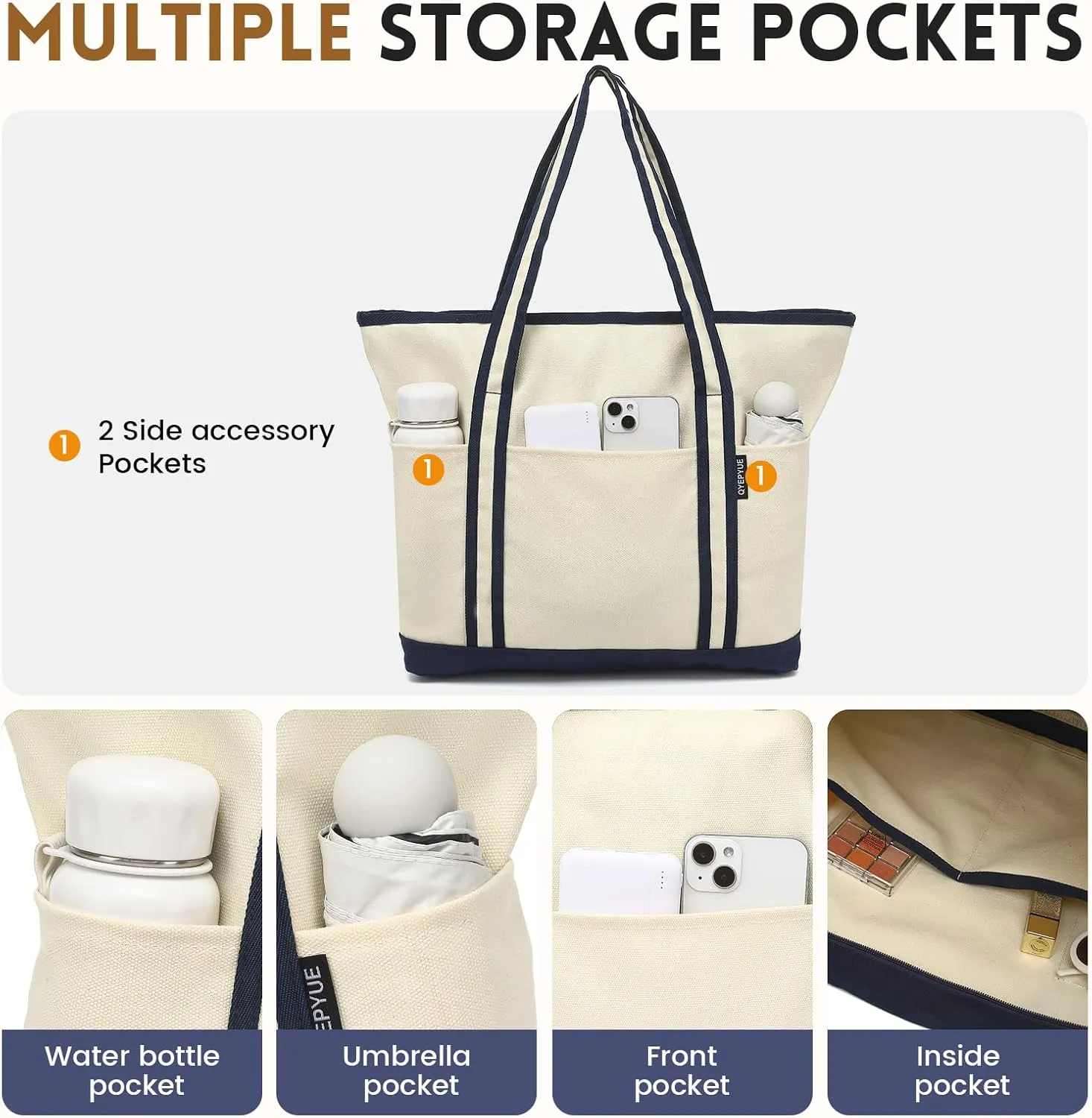 Large Canvas Tote Bag for Women, Utility Tote Bag with Zipper Closure, Everything Bag with 3 Front Pockets
