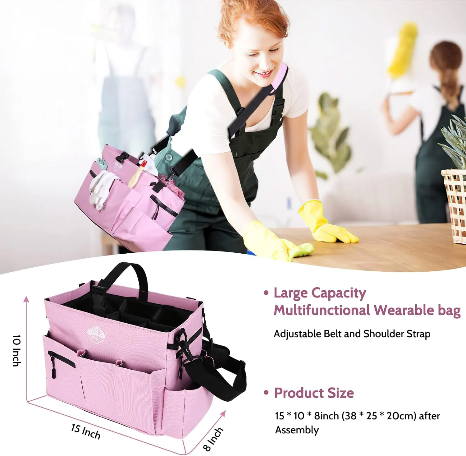Large Wearable Cleaning Caddy Bags with Handle and Shoulder and Waist Straps,for Cleaning Supplies,for Furniture Storage,Car Organizer, 15x10x8 inchs