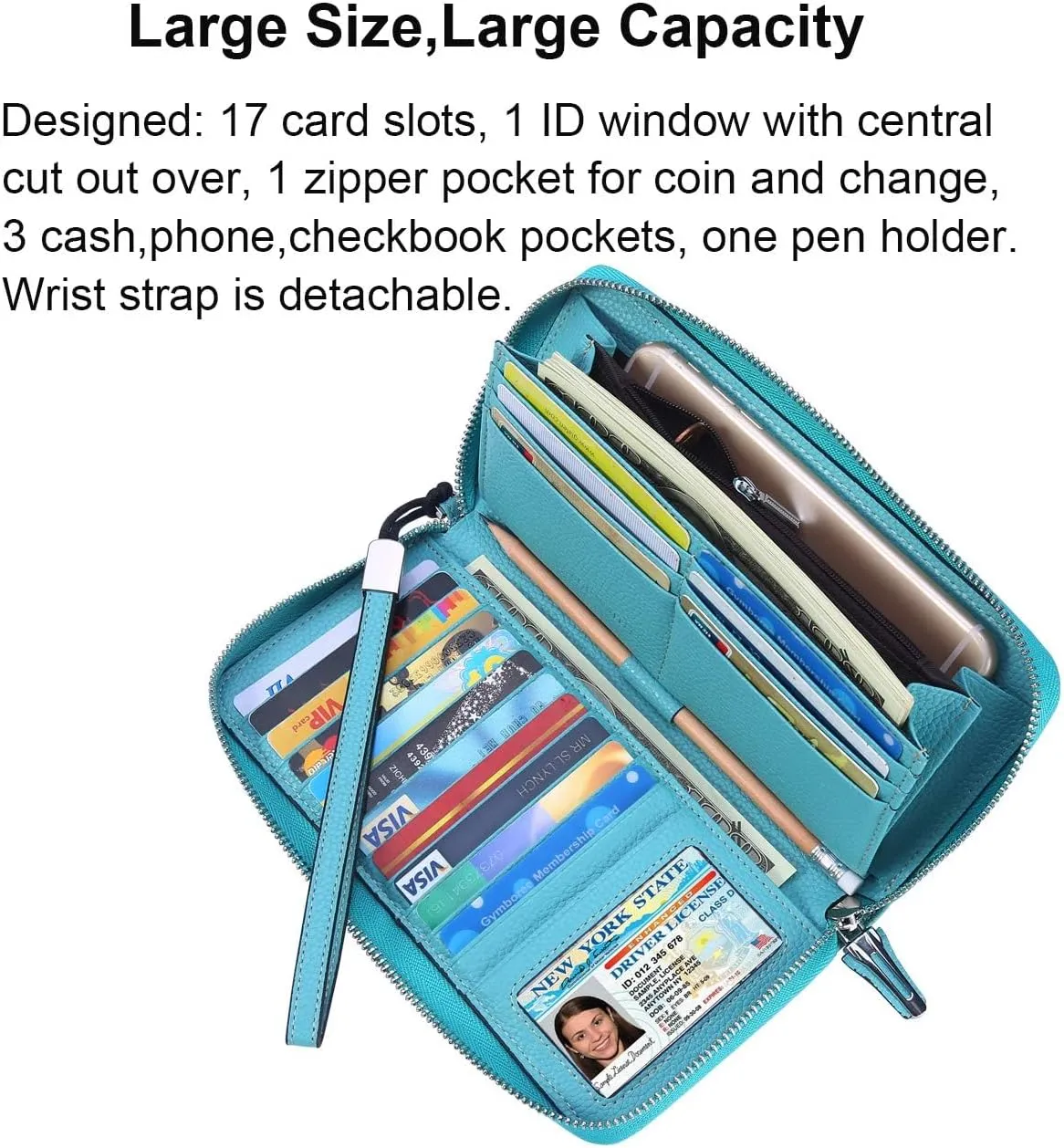 Lavemi Women's RFID Blocking 100% Leather Large Capacity Zip Around Wallet Phone Holder Clutch Travel Purse Wristlet