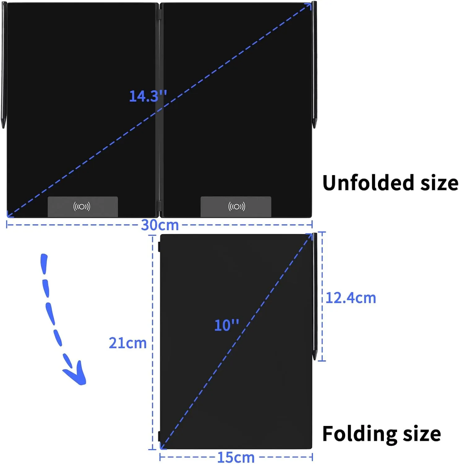 LCD Writing Tablet, 14.3" Folding Screen Digital Notepad for Kids and Adults, Erasable Writing Tablet with Hall Switch, Drafting, Drawing, Leaving Message, Black