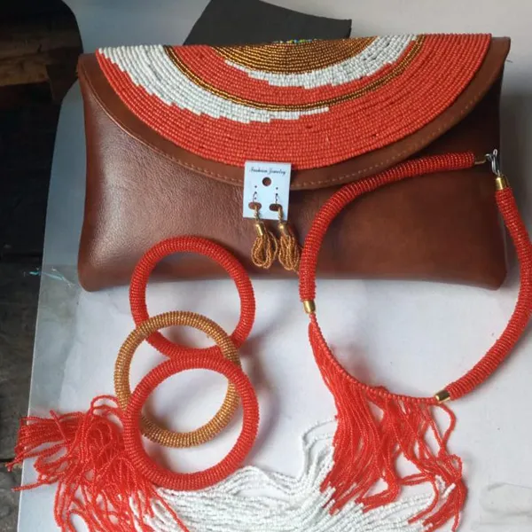 Leather Beaded Clutch Purse - Red, Brown