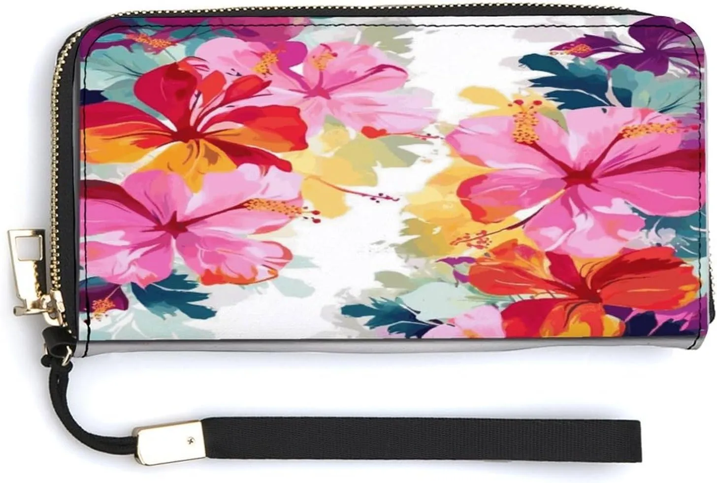 Leather Purse,Hawaiian Flower Print Print Womens Wallet,travel Wallet,wrist Strap Long Purse,leather Zip Around Wallet