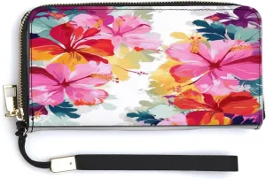 Leather Purse,Hawaiian Flower Print Print Womens Wallet,travel Wallet,wrist Strap Long Purse,leather Zip Around Wallet
