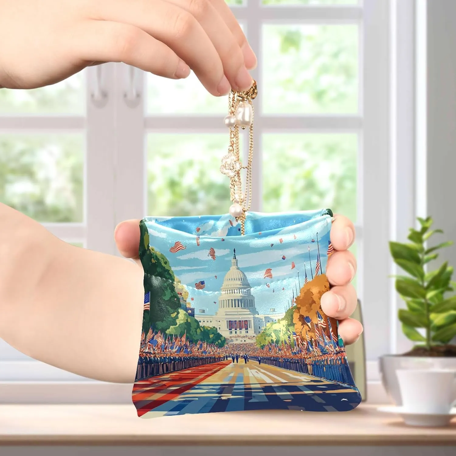 Leather Squeeze Coin Purse Coin Pouch Bag Wallet Small Coin Change Holder for Women Girl Blue Us President's Day Flag