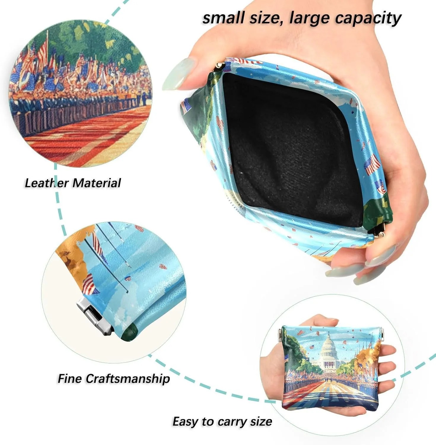 Leather Squeeze Coin Purse Coin Pouch Bag Wallet Small Coin Change Holder for Women Girl Blue Us President's Day Flag
