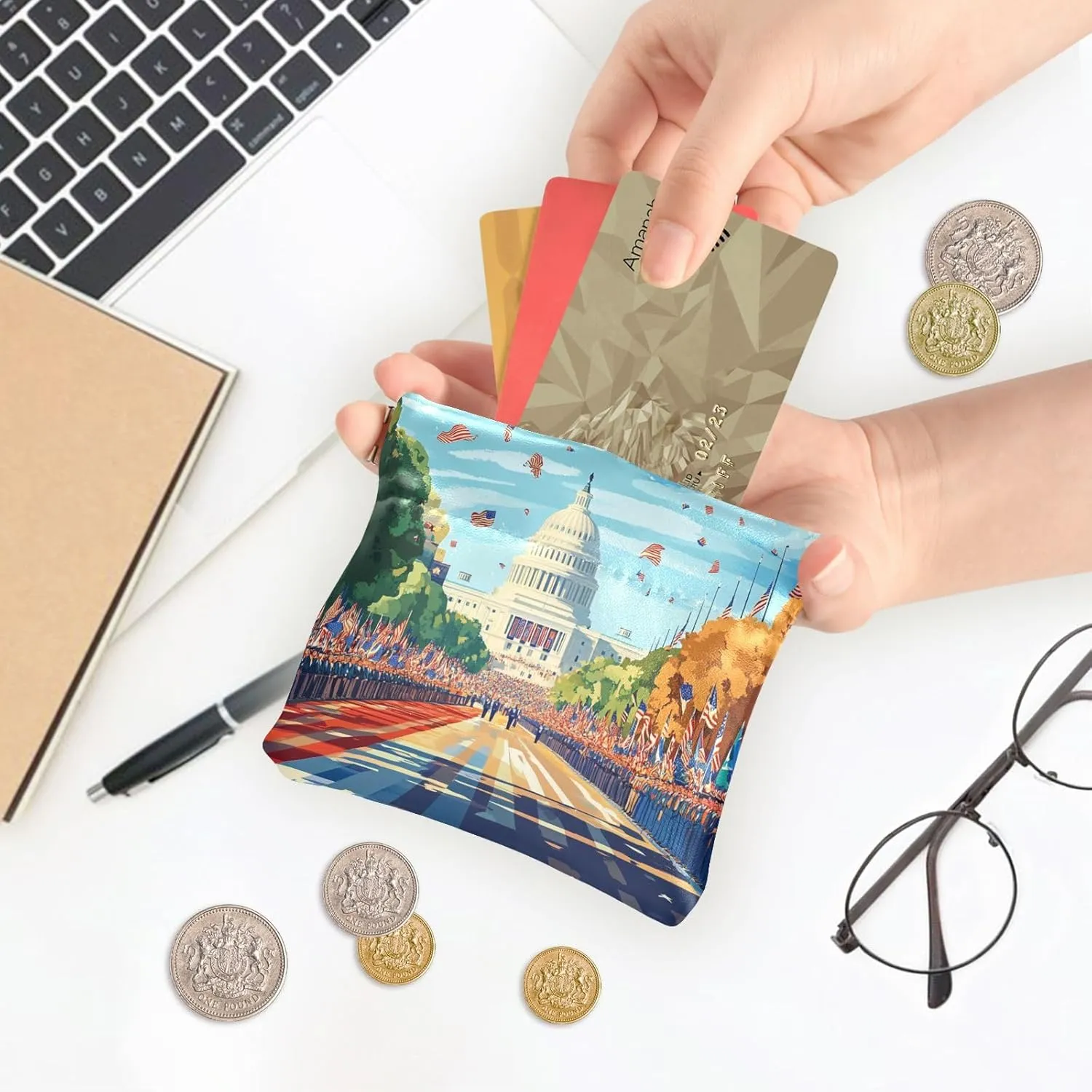 Leather Squeeze Coin Purse Coin Pouch Bag Wallet Small Coin Change Holder for Women Girl Blue Us President's Day Flag