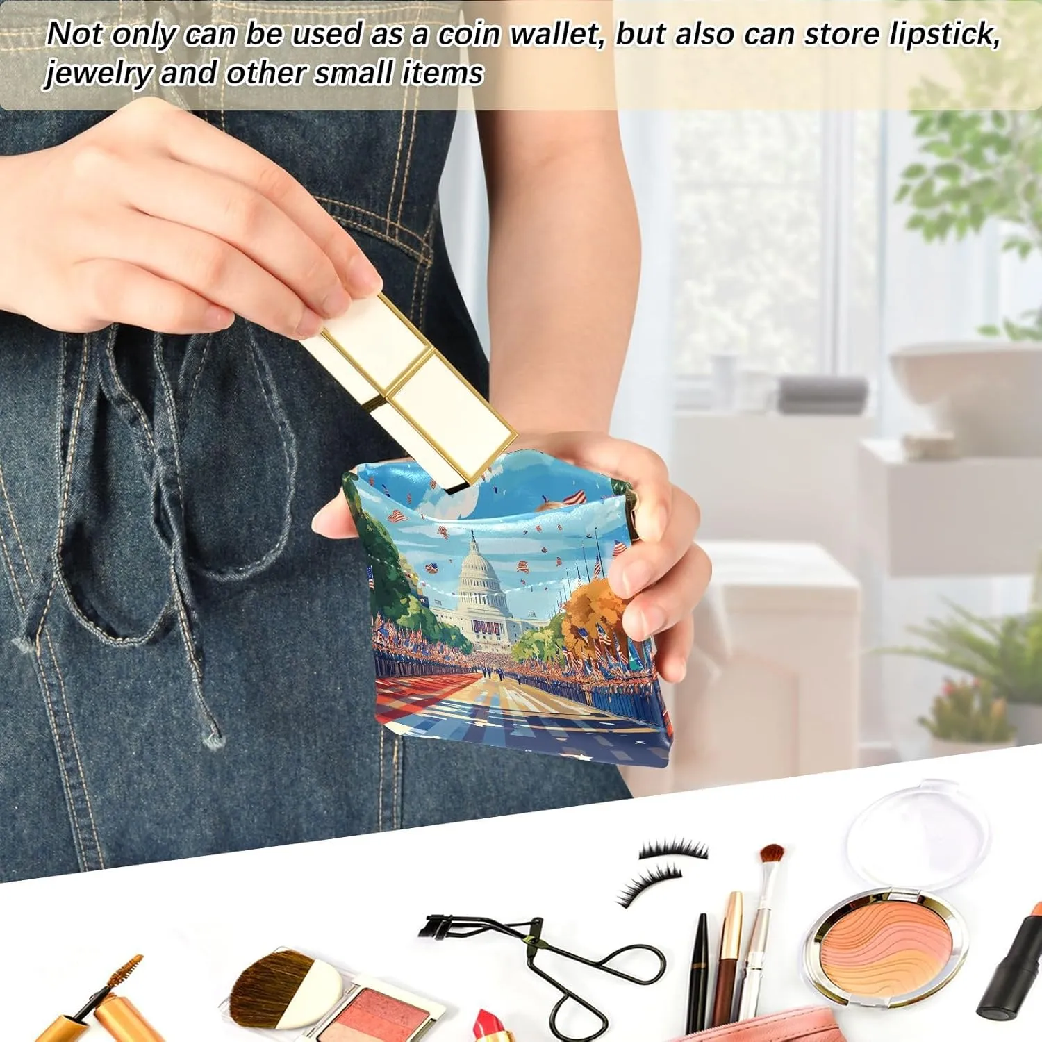 Leather Squeeze Coin Purse Coin Pouch Bag Wallet Small Coin Change Holder for Women Girl Blue Us President's Day Flag