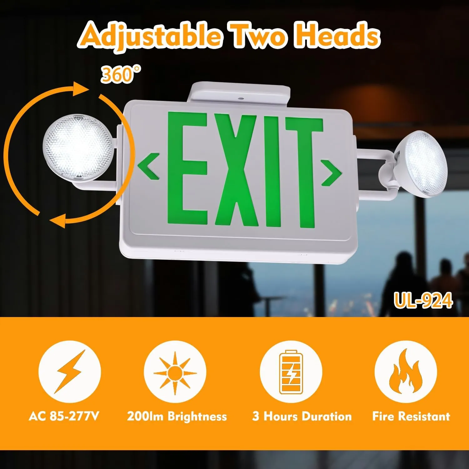 LED Exit Signs with Emergency Lights,200lm 3Hours Green Emergency Exit Sign with Lights Battery Backup, Double Face UL 924 AC85-277V Plug in Cord