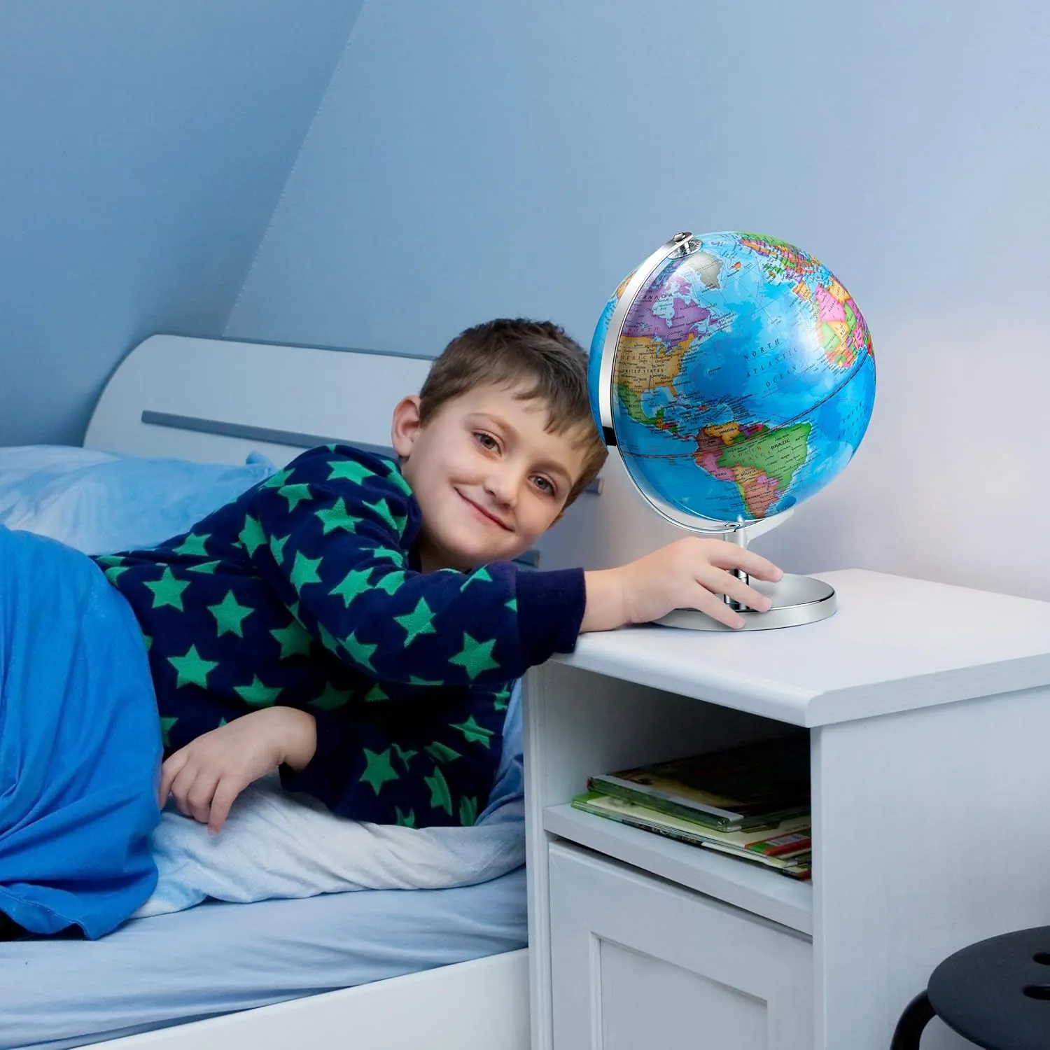 LED Illuminated World Globe with Chrome Rotating Stand – 3-in-1 Educational Tool for Kids & Adults, Interactive Learning Globe with Constellation Map, Lighted Display, 11 Inch
