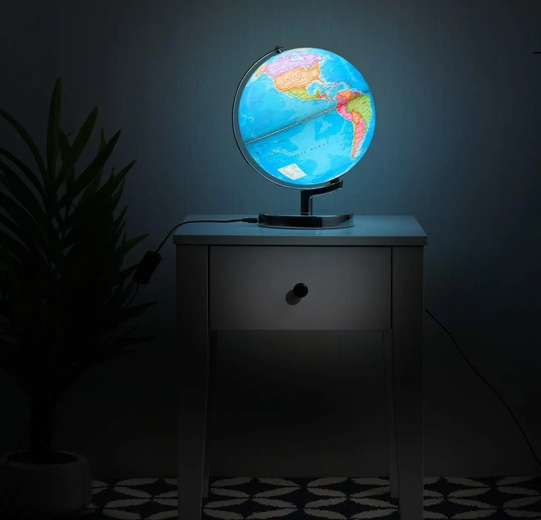 LED Illuminated World Globe with Chrome Rotating Stand – 3-in-1 Educational Tool for Kids & Adults, Interactive Learning Globe with Constellation Map, Lighted Display, 11 Inch