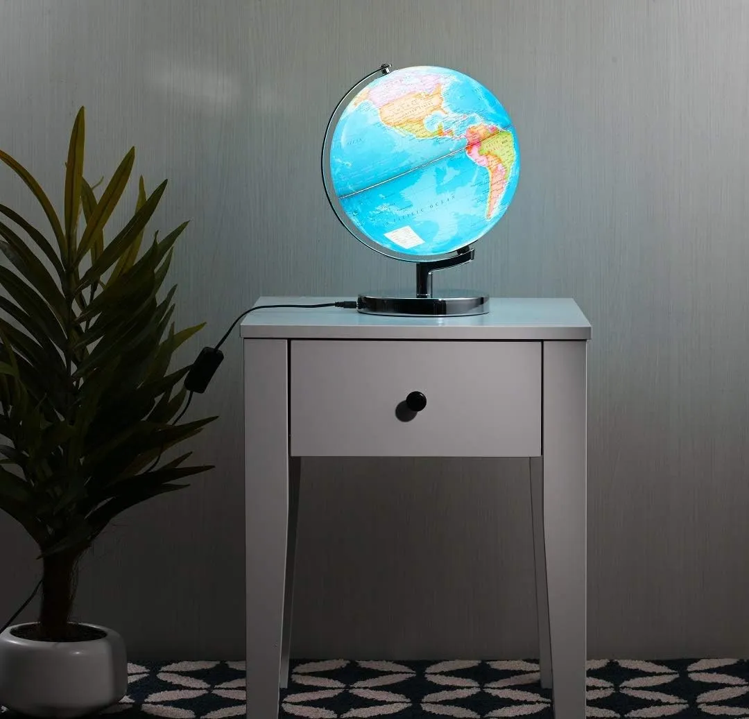 LED Illuminated World Globe with Chrome Rotating Stand – 3-in-1 Educational Tool for Kids & Adults, Interactive Learning Globe with Constellation Map, Lighted Display, 11 Inch