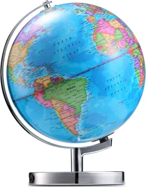 LED Illuminated World Globe with Chrome Rotating Stand – 3-in-1 Educational Tool for Kids & Adults, Interactive Learning Globe with Constellation Map, Lighted Display, 11 Inch
